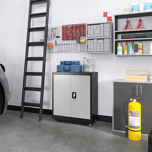 Miniatura 15 de LUCYPAL Armario de almacenamiento de metal con 2 puertas de bloqueo y 2 estantes ajustables, gabinete de almacenamiento con cerradura de acero para