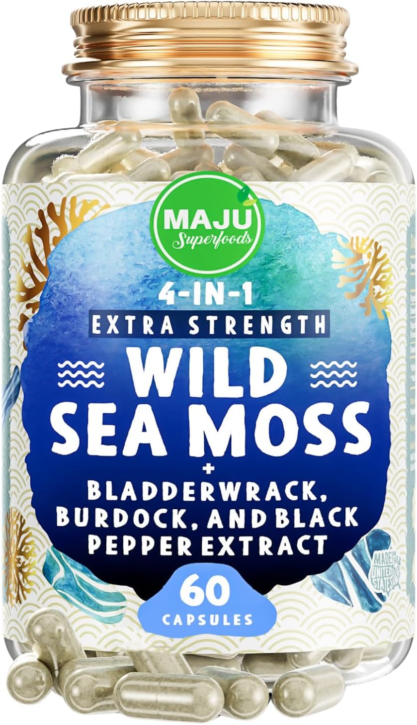 Maju Superfoods 4-in-1 Organic Sea Moss Capsules, Wild Chondrus Crispus, Seamoss w/Bladderwrack + Burdock Root, Stronger Than Gel, Irish, Sebi Inspired Raw Powder in Pills, 500 mg Capsule (60 ct)
