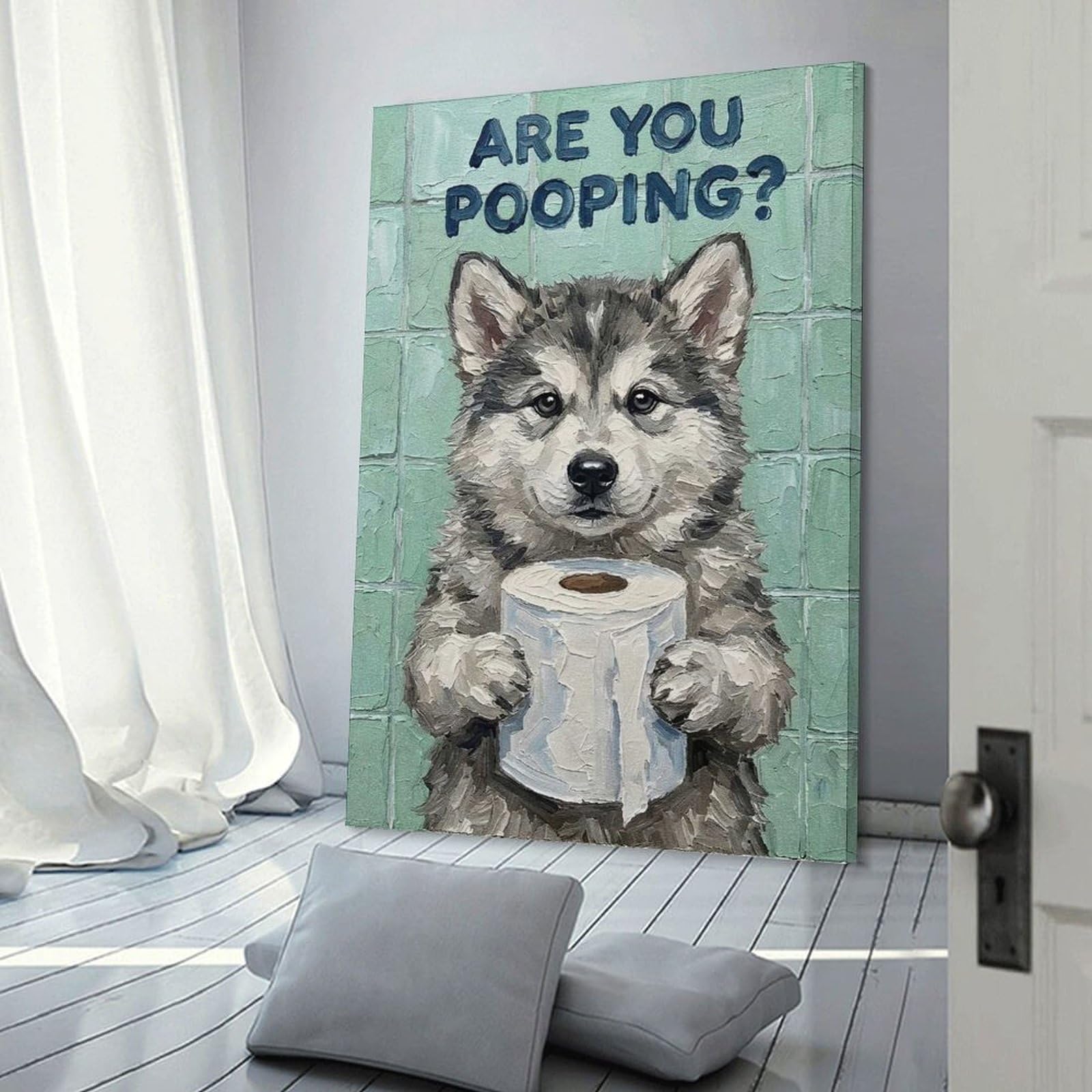 Junmoney Canvas Wall Art Are You Pooping Husky Puppy Art, 12x18inch(30x45cm), for Gallery Wall Decor And Room Displays, Decorative Artwork with Flexible Styling