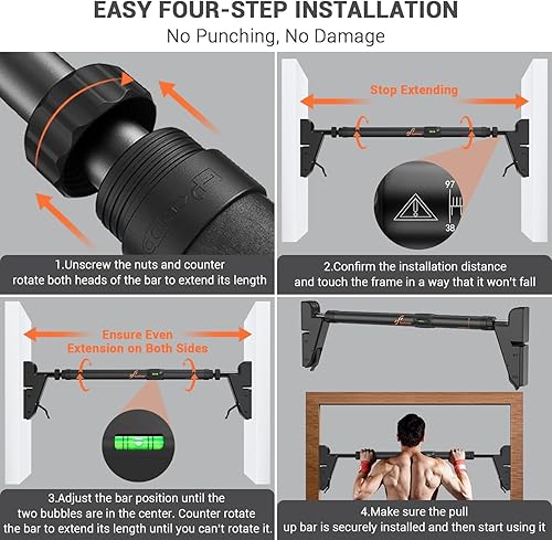 Miniatura 6 de Barra de dominadas para puerta con ancho ajustable de 29.9 a 43.3 pulgadas, barra de barbilla sin tornillos con mecanismo de bloqueo seguro, barra