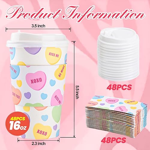 Miniatura 2 de Paquete de 48 tazas de café desechables para el día de San Valentín de 16 onzas con tapas y fundas para conversación con corazones para llevar,