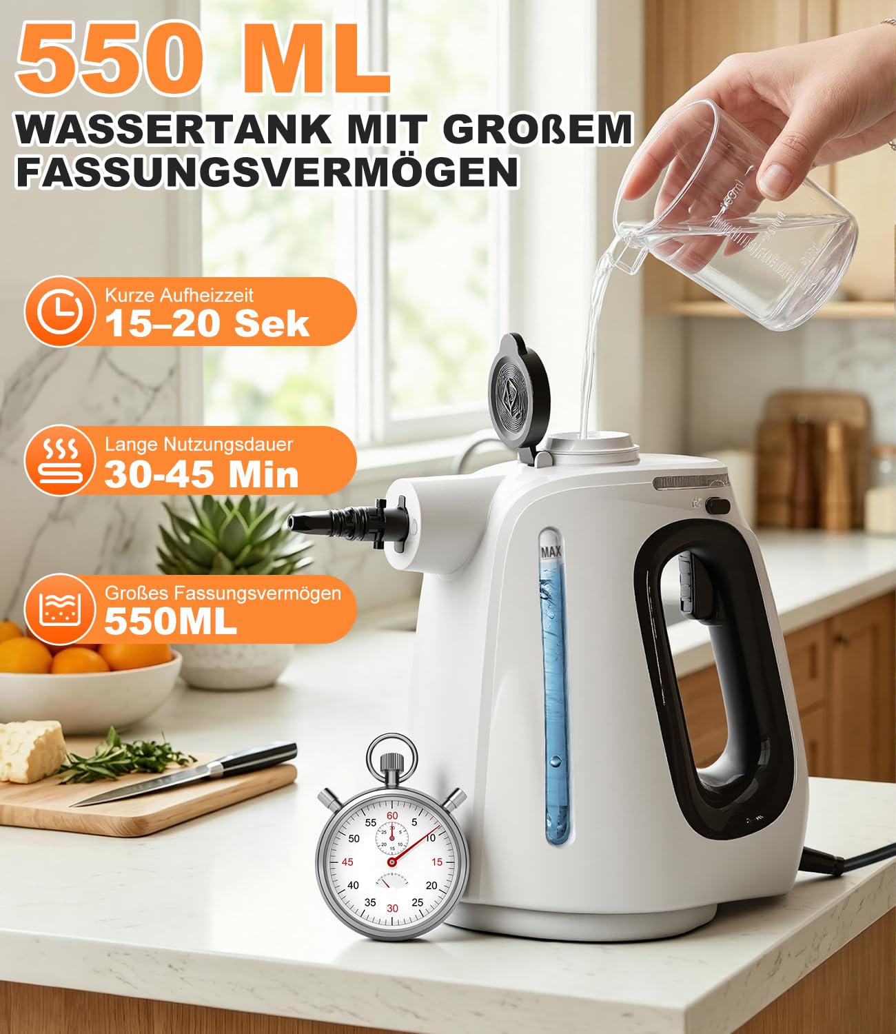 10 in 1 Dampfreiniger Handgerät, 3 bar Handdampfreiniger, 1350W Dampfreiniger für Alles, 15s Aufheizzeit, 550ml Sichtbarer Wassertank,10 teiligem Zubehör für Böden, Küche, Fenstern, Auto