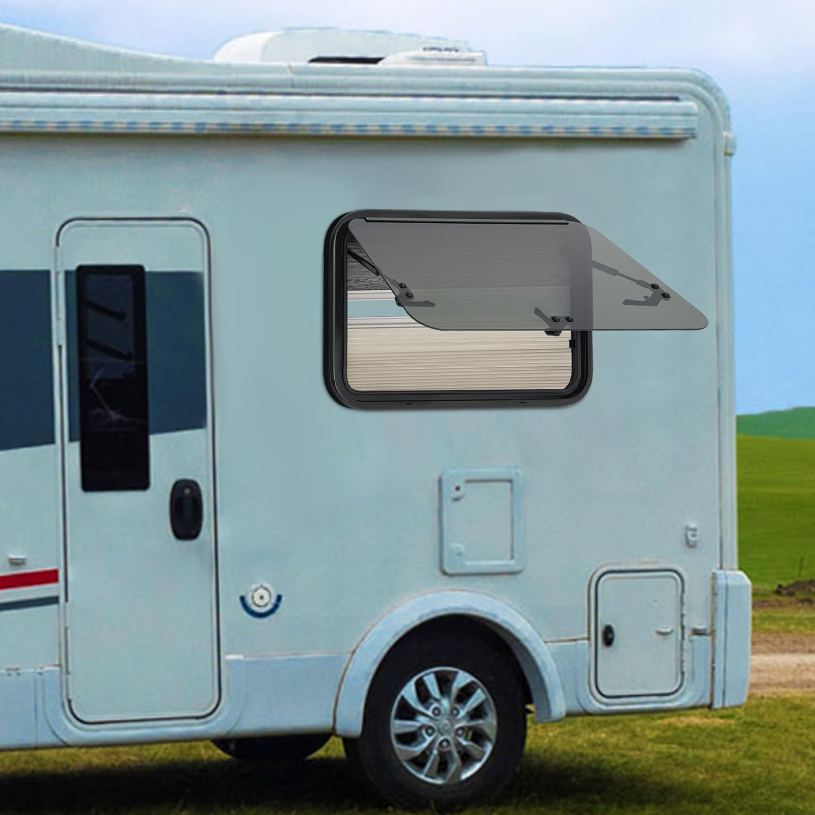 Finestra universale per camper, 700 x 450 mm, finestra esterna a spinta a 85°, con zanzariera e tenda avvolgibile integrata, finestra laterale per camper