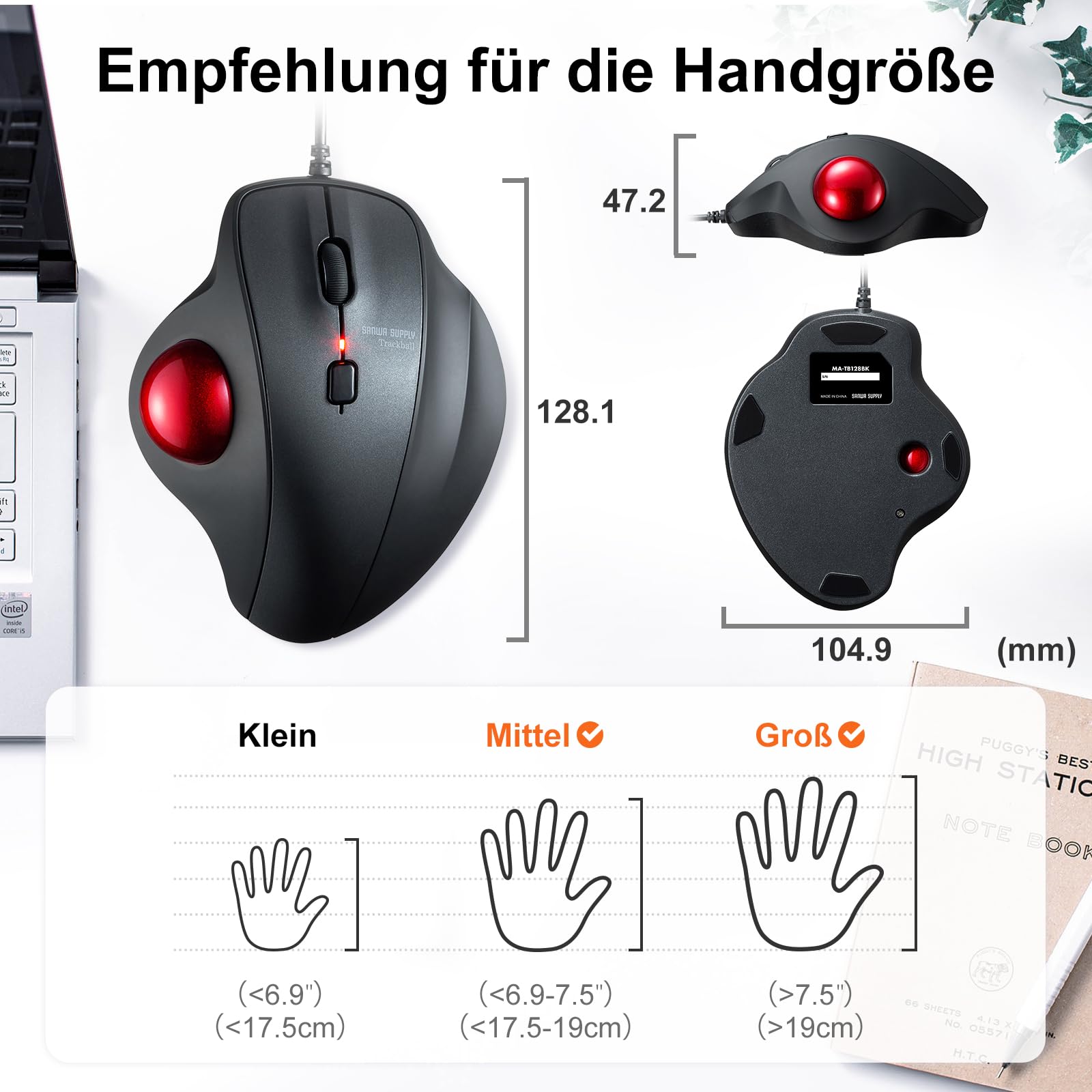 SANWA Trackball Maus mit Kabel, Leise Klik Mäuse, 600/800/1200/1600 DPI, USB-A & Type-C Anschluss, Vorbeugung Mausarm Tennisarm RSI, 34mm Ball Daumenkontrolle, Kompatibel mit Winows, Mac, PC, Schwarz