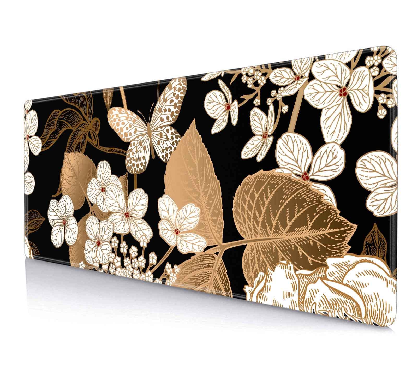 IMAYONDIA Large Vintage Floral Mouse Pad, Non-Slip Rubber Base Mousepad with Stitched Edges, Keyboard Mouse Mat Desk Pad for Work, Game, Office, 31.5x11.8 Inch - Golden Butterfly and Leaves