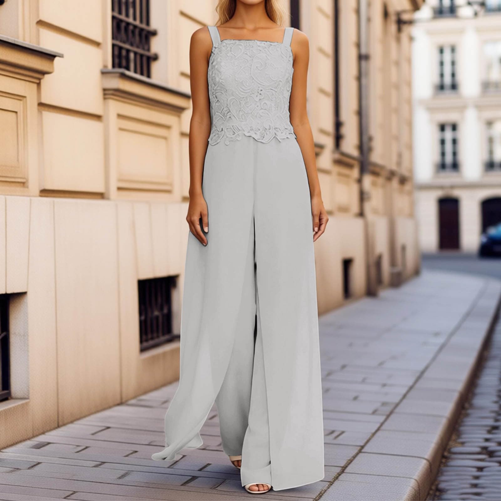 Generisch Combinaison festive pour femme - En mousseline de soie - 3 pièces - Pour mariage - Élégante - Avec veste en dentelle - En coton doux - Avec poches - Combinaison de sport et de loisirs