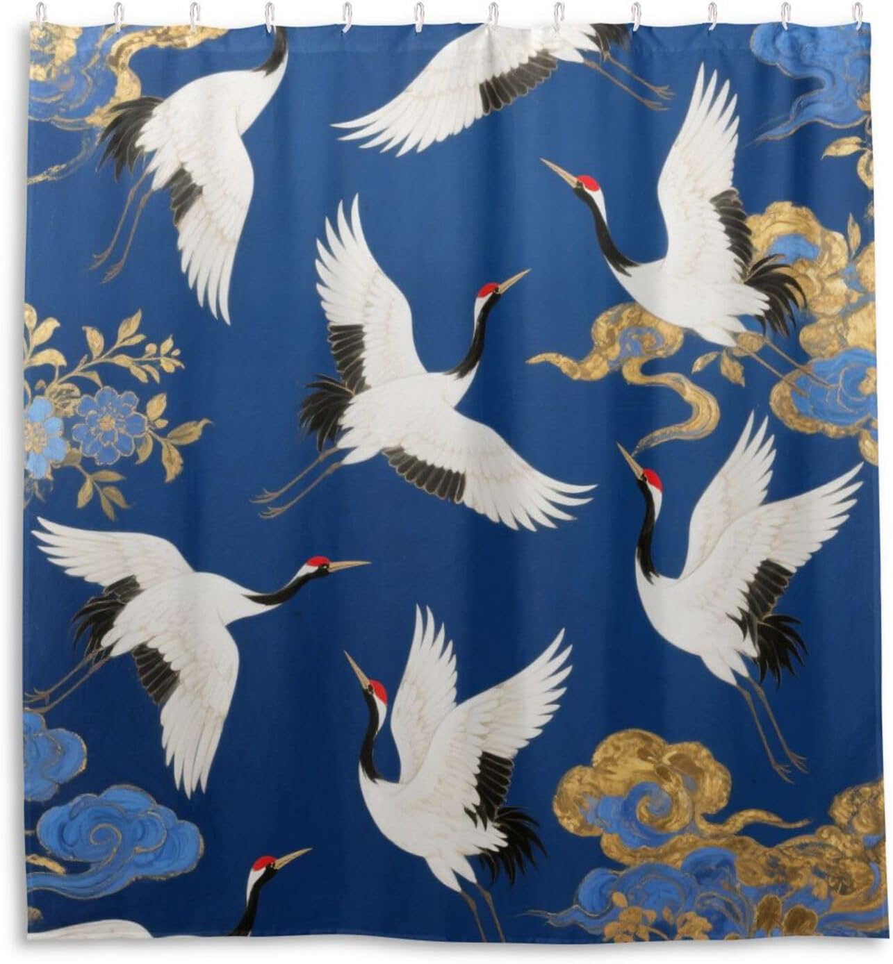 66x72 Inch Water Repellent Western Shower Curtain with Hook Blue and Golden Japanese Cloud Crane Polyester Fabric Machine Washable Cloth Curtain Liner for Bathroom Needs