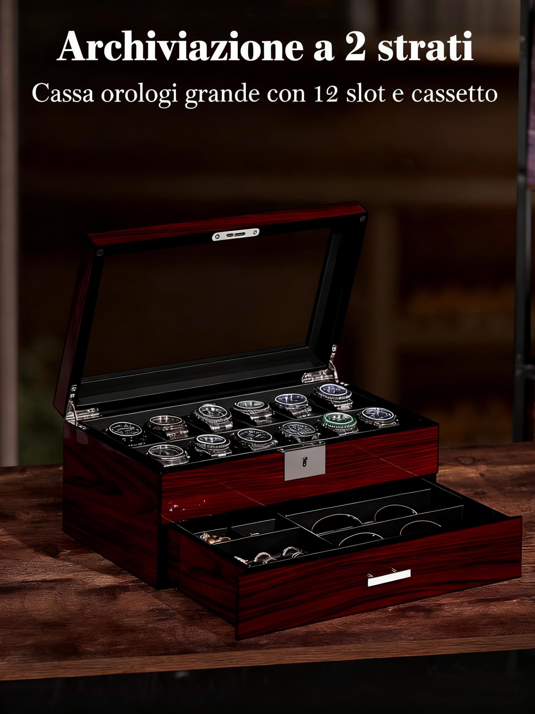 ANWBROAD Custodia per orologi da uomo con coperchio in vetro grande, a 2 livelli, con serratura, organizer per orologi, regalo di lusso JWB003Y