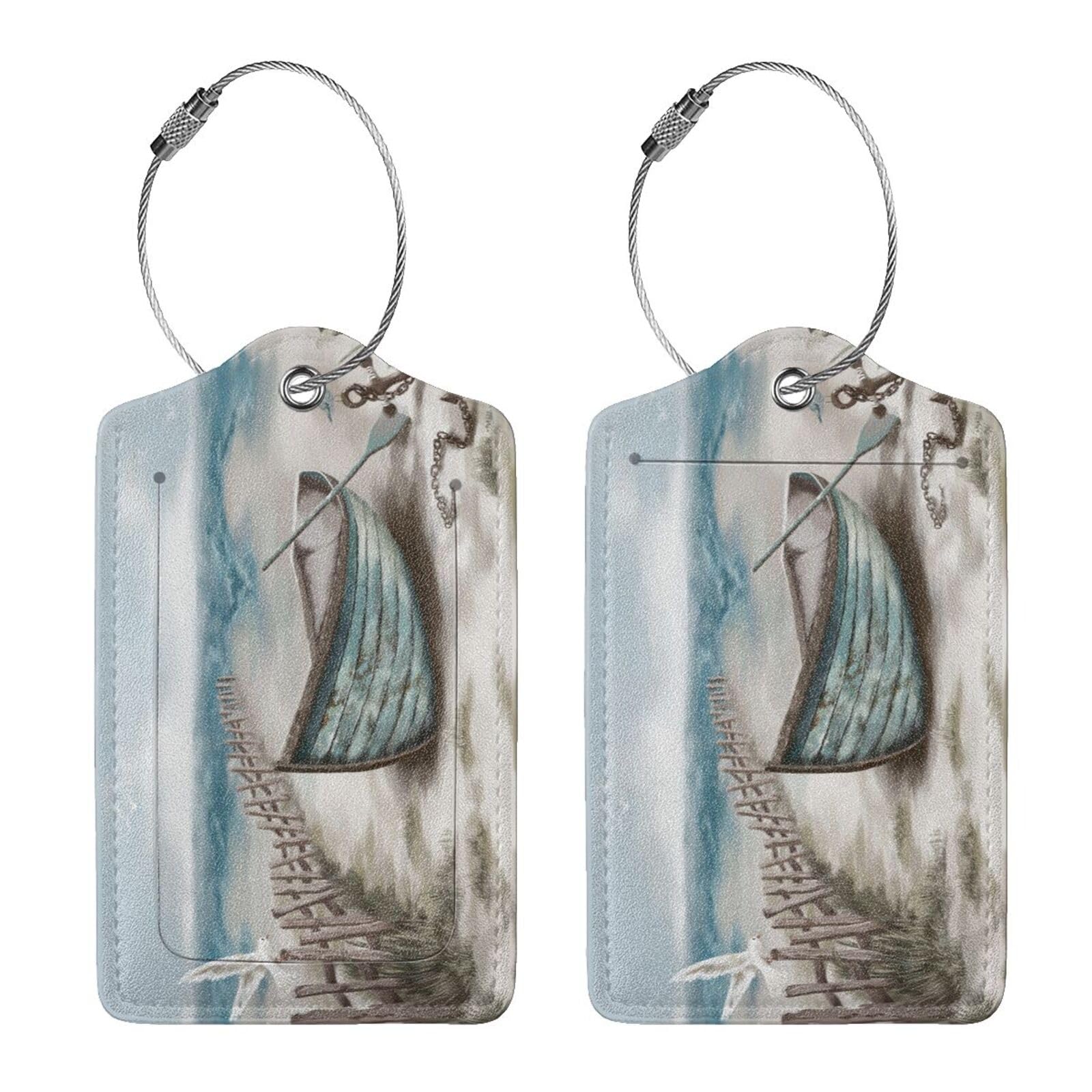 Sea View - Targhette per bagagli in legno con anello in acciaio inossidabile, divertente set di etichette per carte d'identità con nome, adatte per borse da viaggio, bagagli per donne e uomini, 2