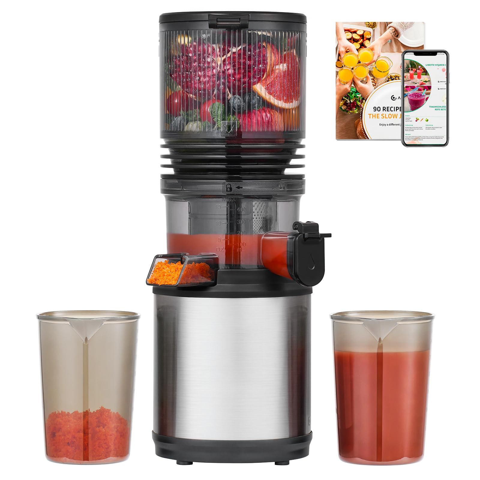 AMZCHEF Entsafter – Slow Juicer mit 160MM Öffnung für Ganze Zutaten – Entsafter für Gemüse und Obst – 2 L Saftbehälter, Sicher & Leicht zu Reinigen, aus Edelstahl