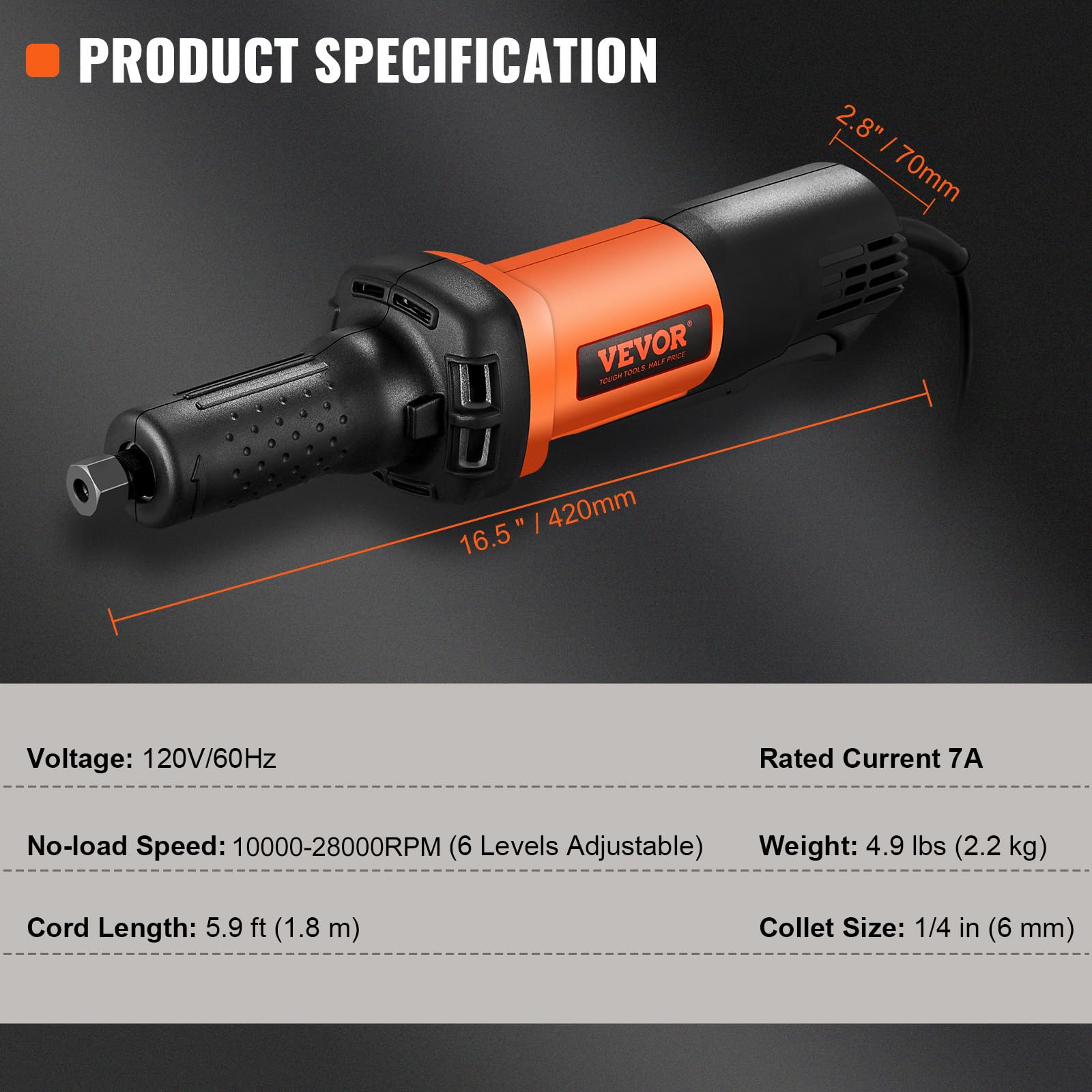 VEVOR Smerigliatrice Elettrica 820W 7A Utensili Fai-da-te Mini Smerigliatrice 7000-30000giri/min 6 Velocità Regolabili Cavo 1,8m per Taglio Saldatura Lavorazione del Legno, Smerigliatrice Elettrica