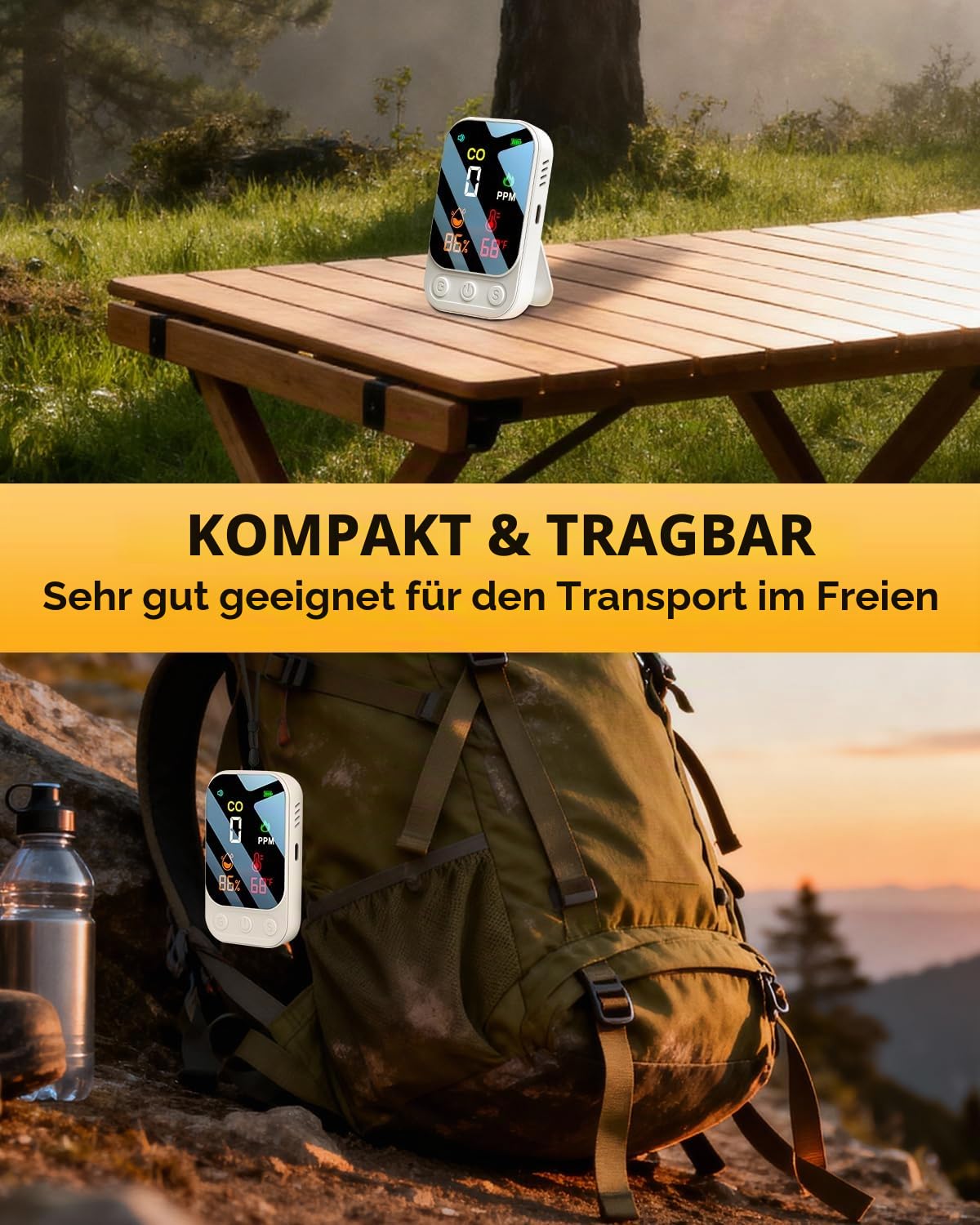 3 in 1 Kohlenmonoxid Melder Co Messgerät Co Melder Zum Mitnehmen Mit Temperatur Luftfeuchtigkeit Akustischer und Optischer Alarm 168 Stunden Standby für Reisen Zelt Camping Wohnmobil