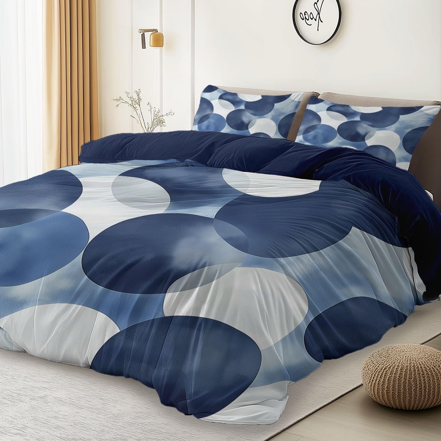 Marineblau Bettwäsche 155x220 cm 3tlg, Schlafzimmer Deko Bettbezug und 2 Kissenbezug 80x80 cm, Zeitgenössisch Abstrakt Geometrisch Kreise Deckenbezug mit Reißverschluss, Weich Mikrofaser