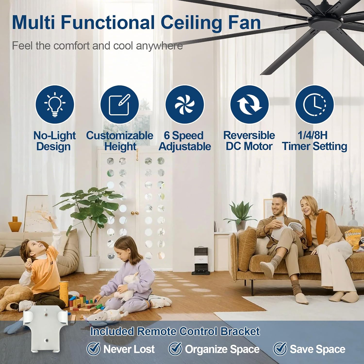Black Ceiling Fan without Light: 100 Inch Outdoor Fan No Light Aluminum Blade - Industrial Large Ceiling Fan with Remote for Shop Garage Patio 6 Speeds Timer