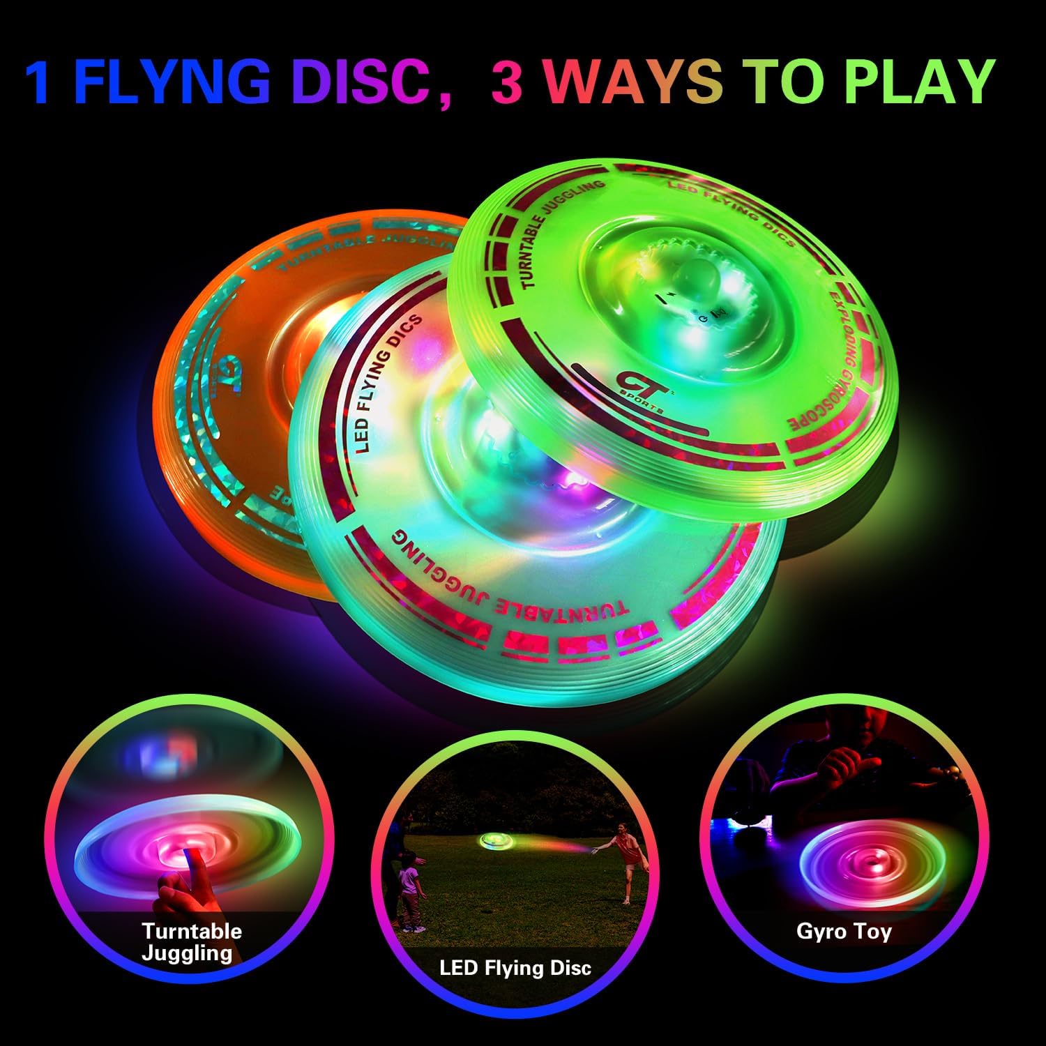 3 Pack 3 in 1 LED Flying Disc+Spinning Tops+Fingertip Juggling-Multifunctional Flying disc for Kids & Adults All Ages-for Outdoors & Families Party Camping(Orange+Green+Blue)