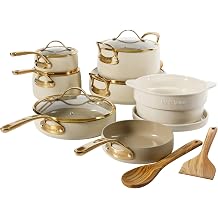 Bloomhouse 15-Piece Ceramic Nonstick Cookware Set, Two Time Oprah's Favorite Things, Heavy-Gauge Aluminum Pots and Pans Set, PFAS &amp; PFOA &amp; PTFE Free Ceramic Cookware, Oven Safe to 500&deg;F, Almond Cream