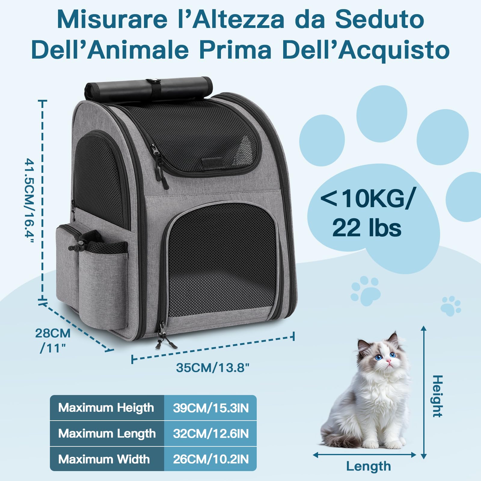 Zaino per Cani Gatti, Grande Zaino Gatto Cane 10 kg, Traspirante Zaino Porta Cane Gatto con Finestra a Rete, Zaino Trasportino Cani Gatto con Guinzaglio Interno e Tappetino per Viaggi - Grigio