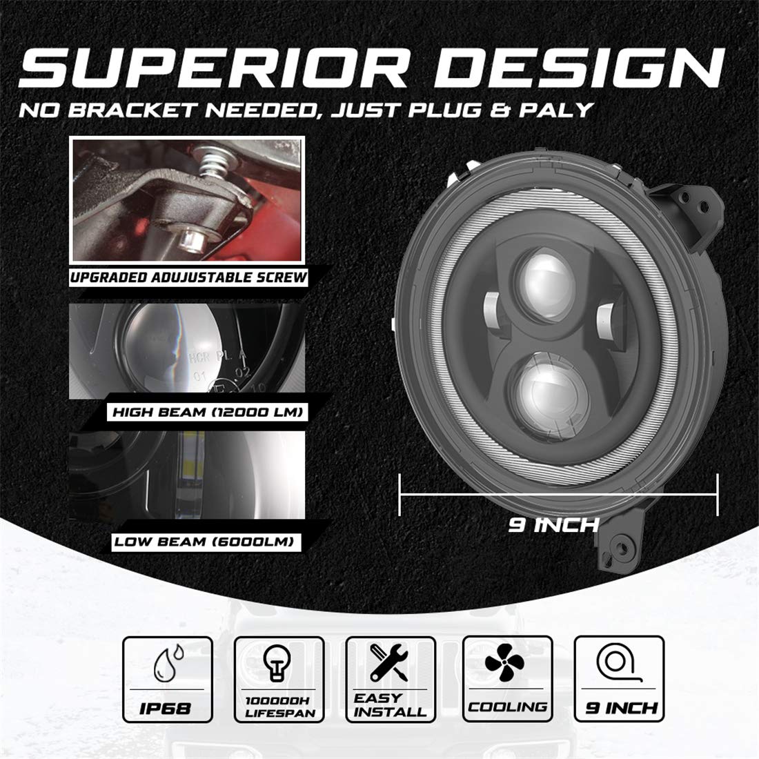 KIWI MASTER 9 Inch Round LED Headlights Halo DRL for Jeep Wrangler JL