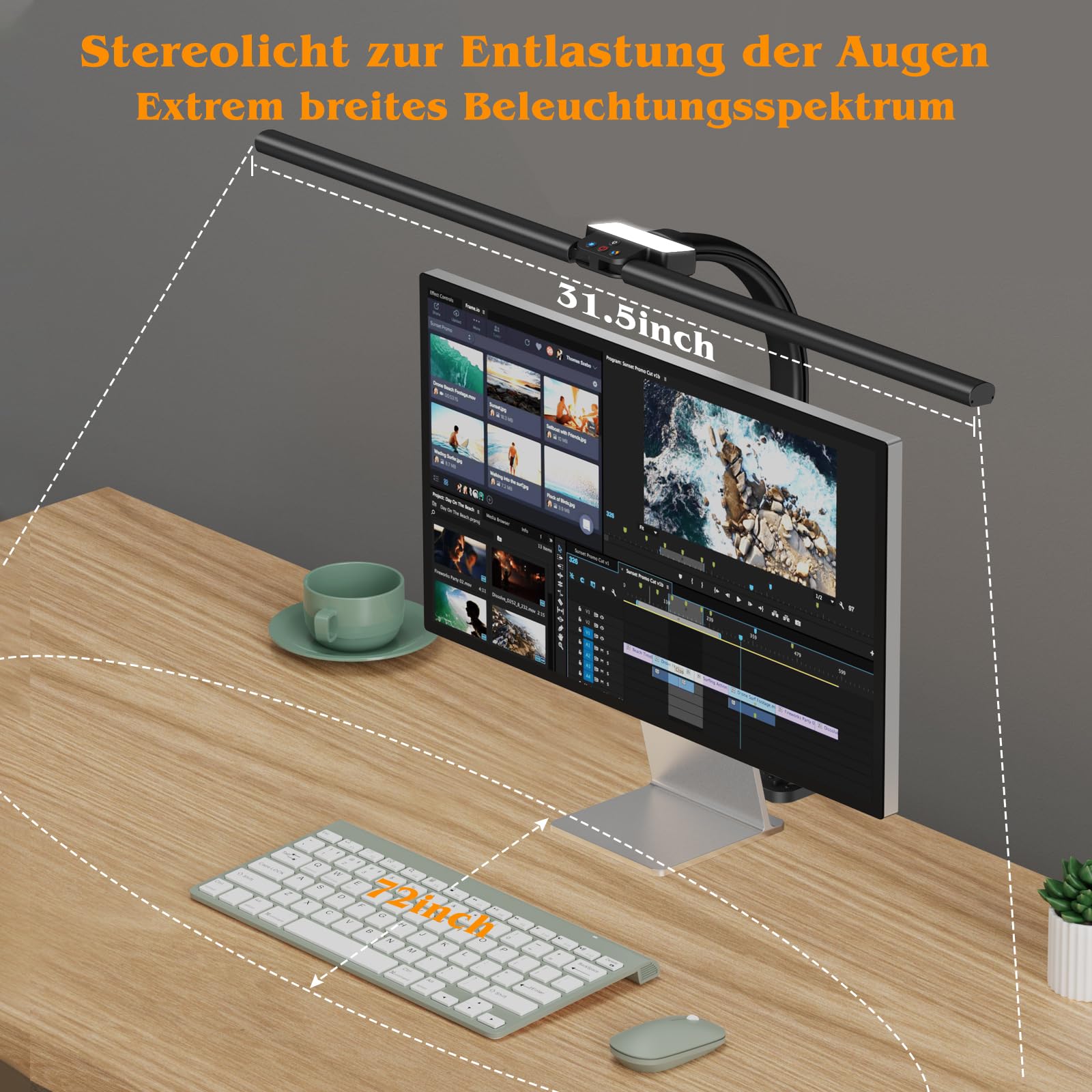 tantu Doppelkopf Schreibtischlampe LED dimmbar,24W 80CM Schreibtischlampen klemmbar,5 Farb 5 Helligkeitsstufen Tageslichtlampe Schreibtisch,Verstellbarer Schwanenhals Bürolampe Augenschutz (grau)