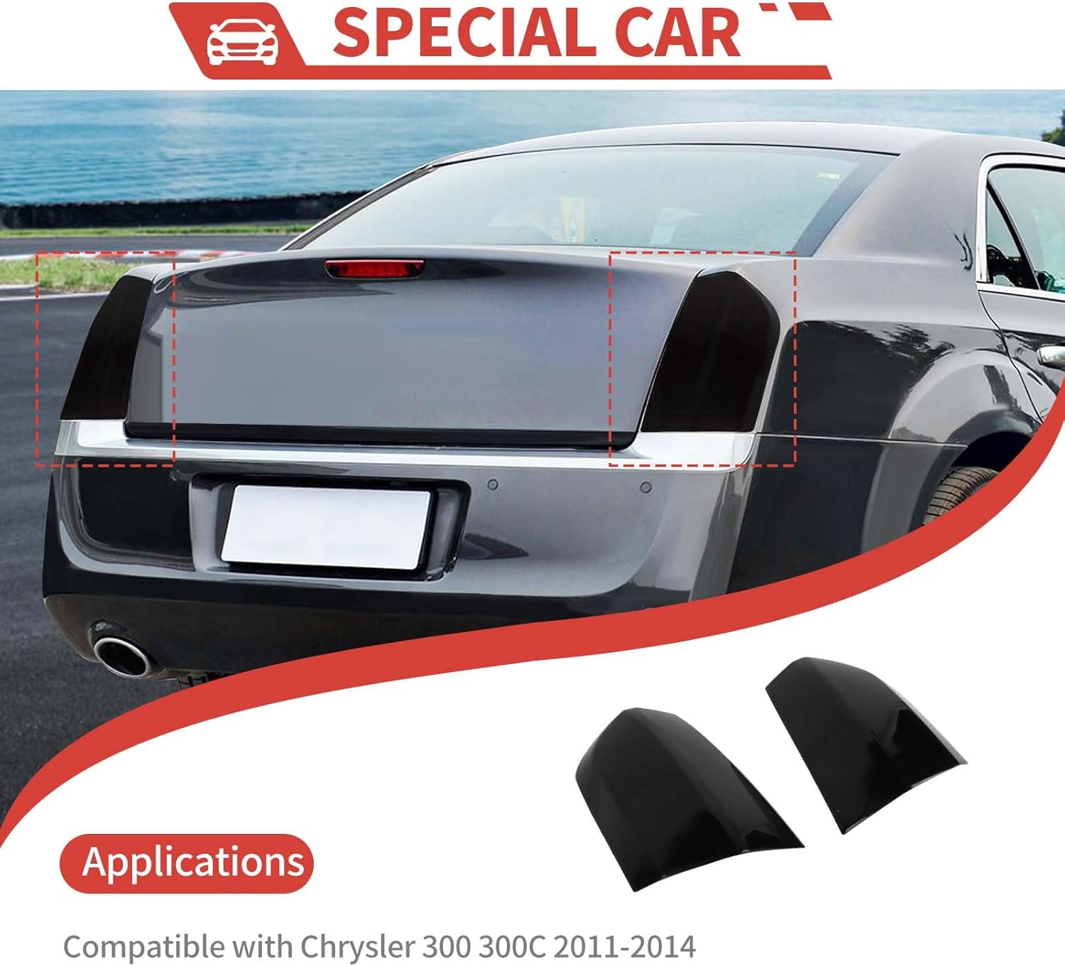 Tail Light Lamp Cover Guard Blackout Kit Exterior Accessories Compatible with Chrysler 300 300C,Smoked Black 2011-2014