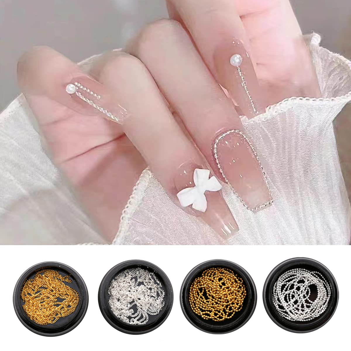 Nail Chain Art Set - 4 Gold & Silver Metal Chains, 3D Nail Charms & Punk Studs for Manicure Design DIY Crafts - Image 4