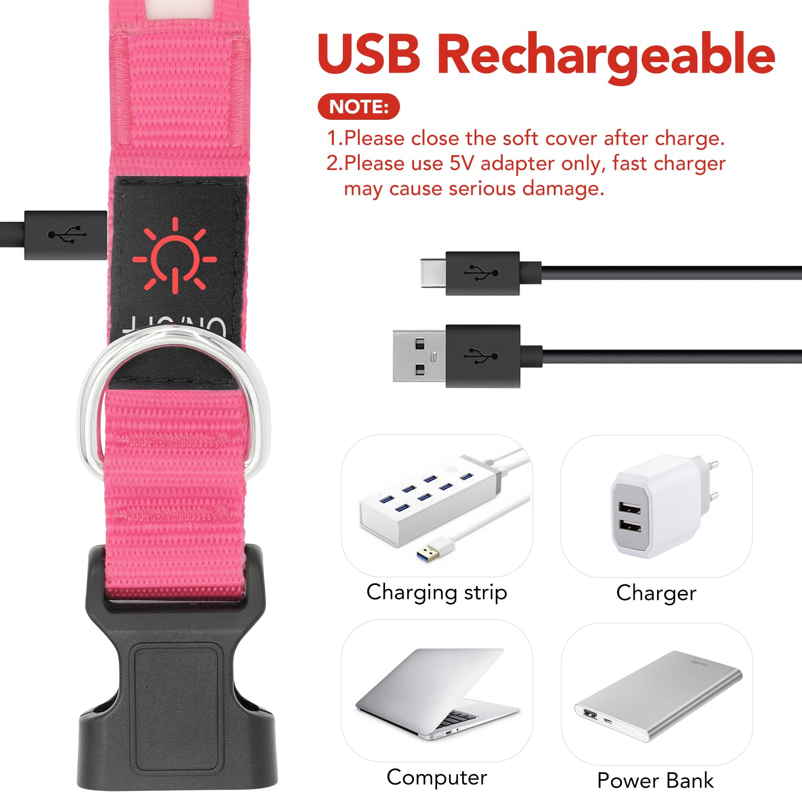 Vizpet Collar de perro con luz LED, ajustable, recargable por USB, súper brillante, luz de seguridad brillante para perros (mediano, rosa)