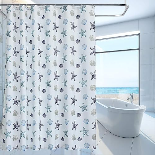 OREMILA Cortina de ducha de playa de 72 x 72 pulgadas, diseño de estrella de mar multicolor, cortina de baño de tela duradera repelente al agua, 1