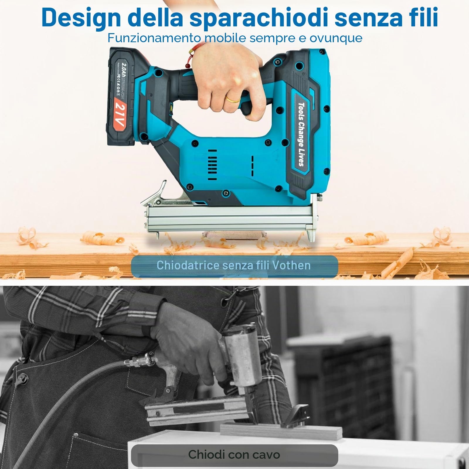 Pistola sparachiodi a Batteria, chiodatrice con 2 batterie da 2000 mAh e 6000 clip, pinzatrice elettrica Come fissabulloni al Minuto, Include 6000 Chiodi, 2 batterie per Legno Duro e tenero