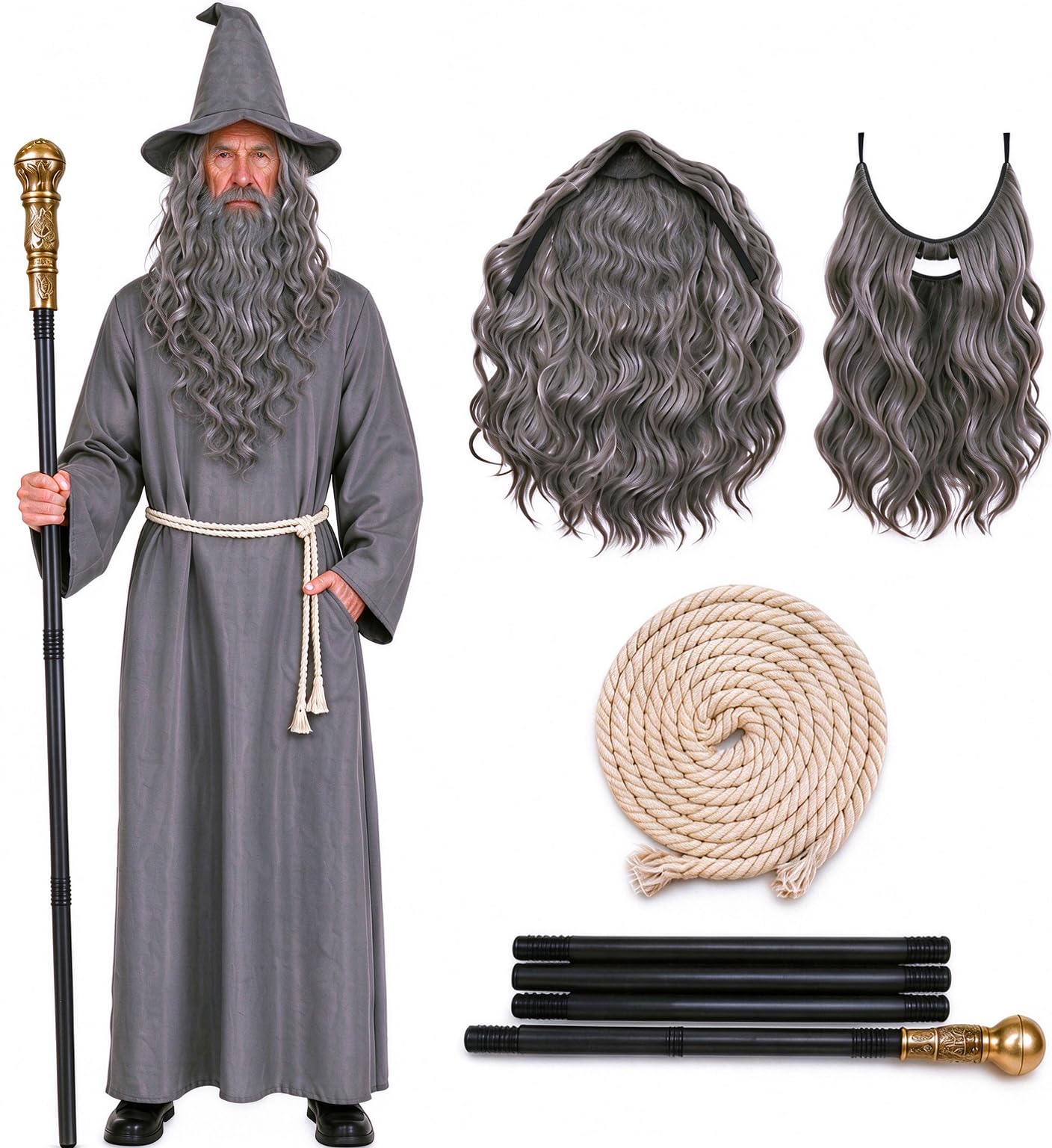 Leannae Wizard Costume Adult One Size Cloth Length 160CM Halloween Costume Men Hat Beard Wig Male Outfit Hat Adult Robe with Wig Long Beard Wizard Staff Sorcerer Fancy Dress Men