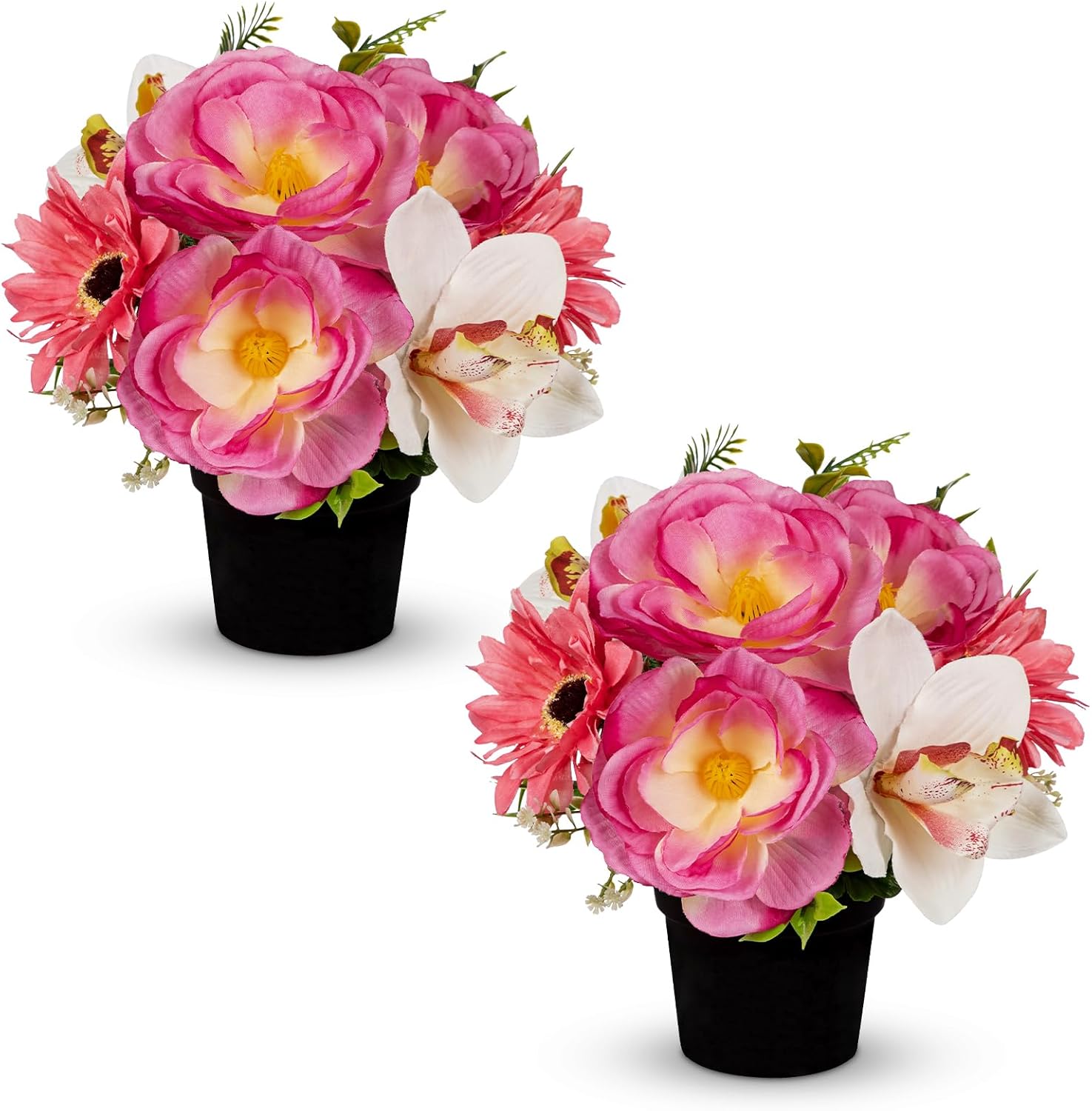Hollyone 2Pcs Artificial Cemetery Flowers for Grave in Vase Silk Rose Lily Flower Arrangements Cemetery Decorations Memorial Flowers with Pot for Outdoor Headstones Decoration Purple