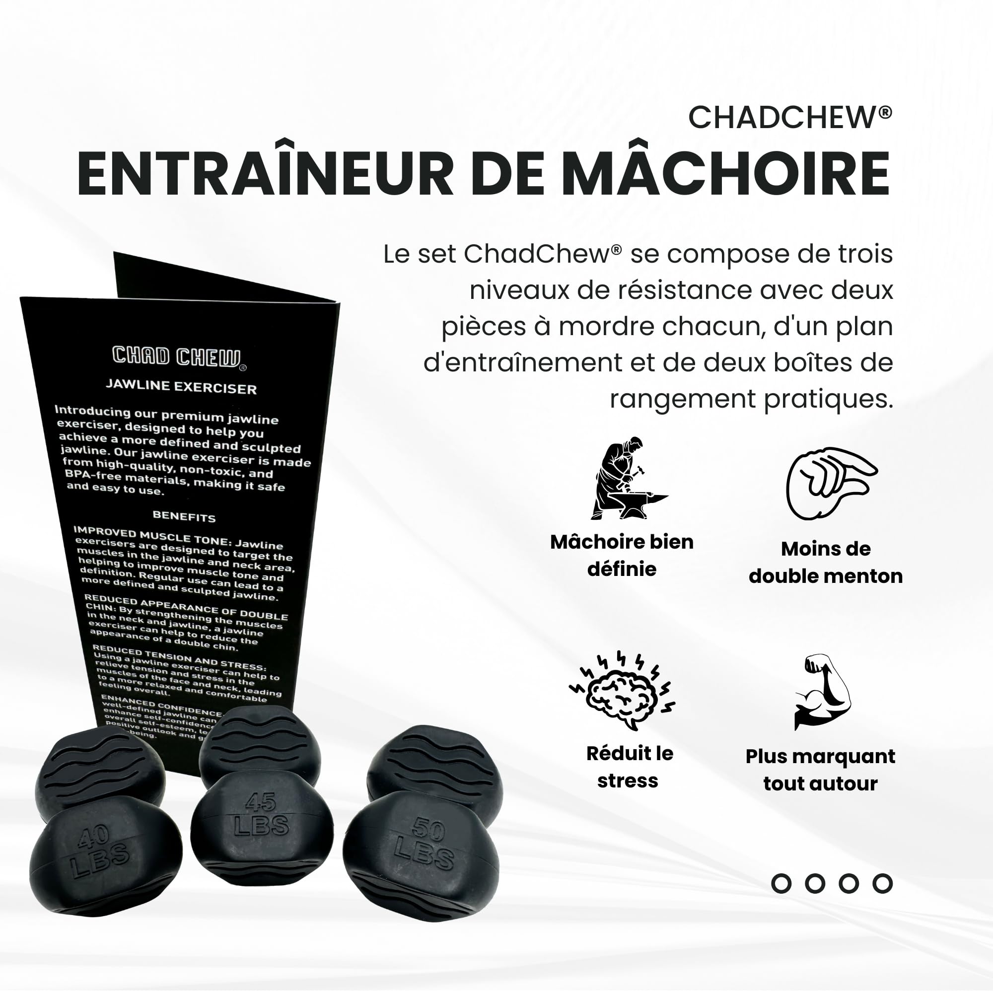 Jawtrainer Quadratus 3.0 - Exerciseur Mâchoire 3 Niveaux Résistance - Réducteur Double Menton Silicone Alimentaire