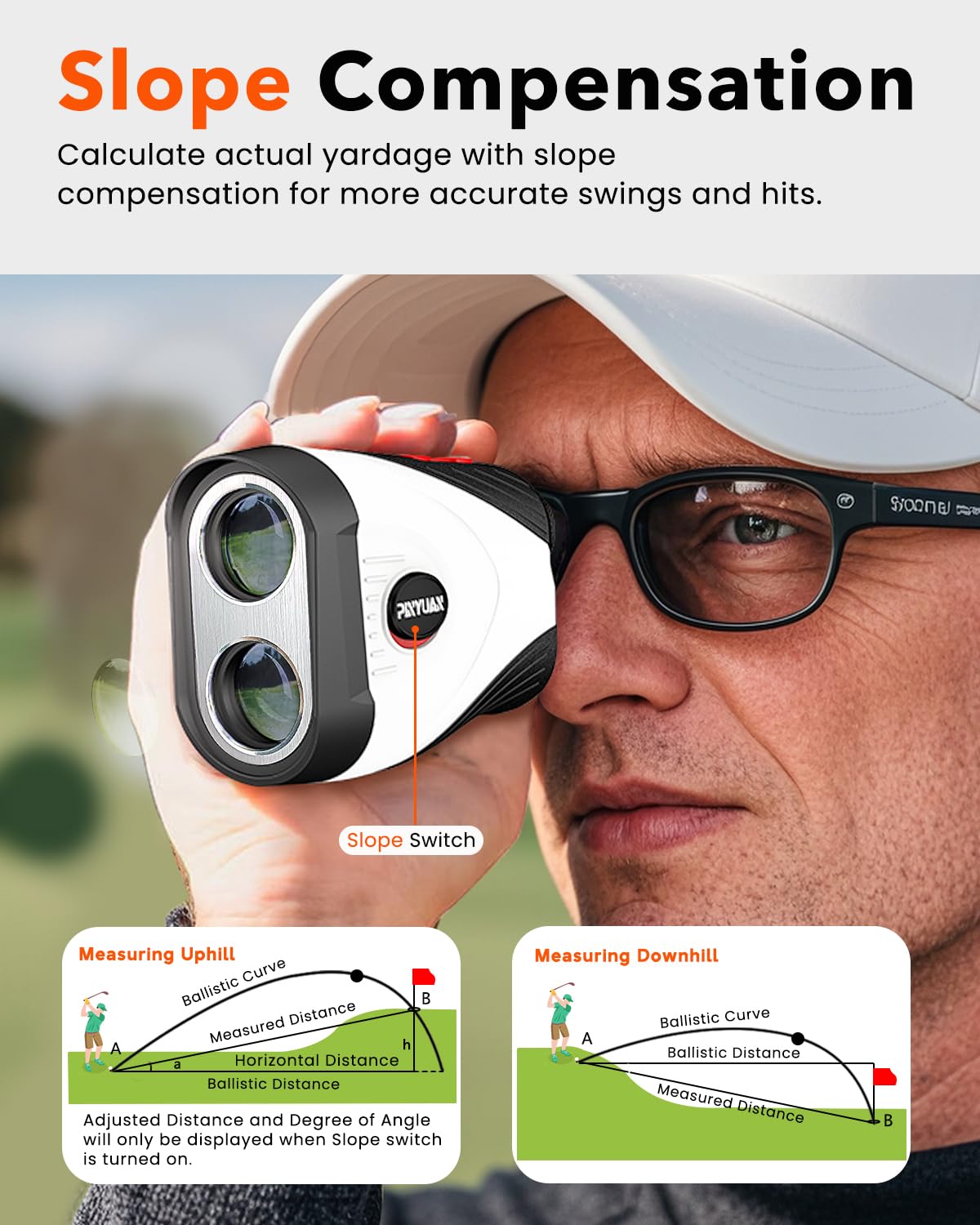 Télémètre de Golf avec Pente, télémètre Laser de 1 200 m, grossissement 7X, Vibration de Verrouillage du Drapeau, télémètre Rechargeable avec Bande magnétique, Mode Balayage continu, Mesure de Haute