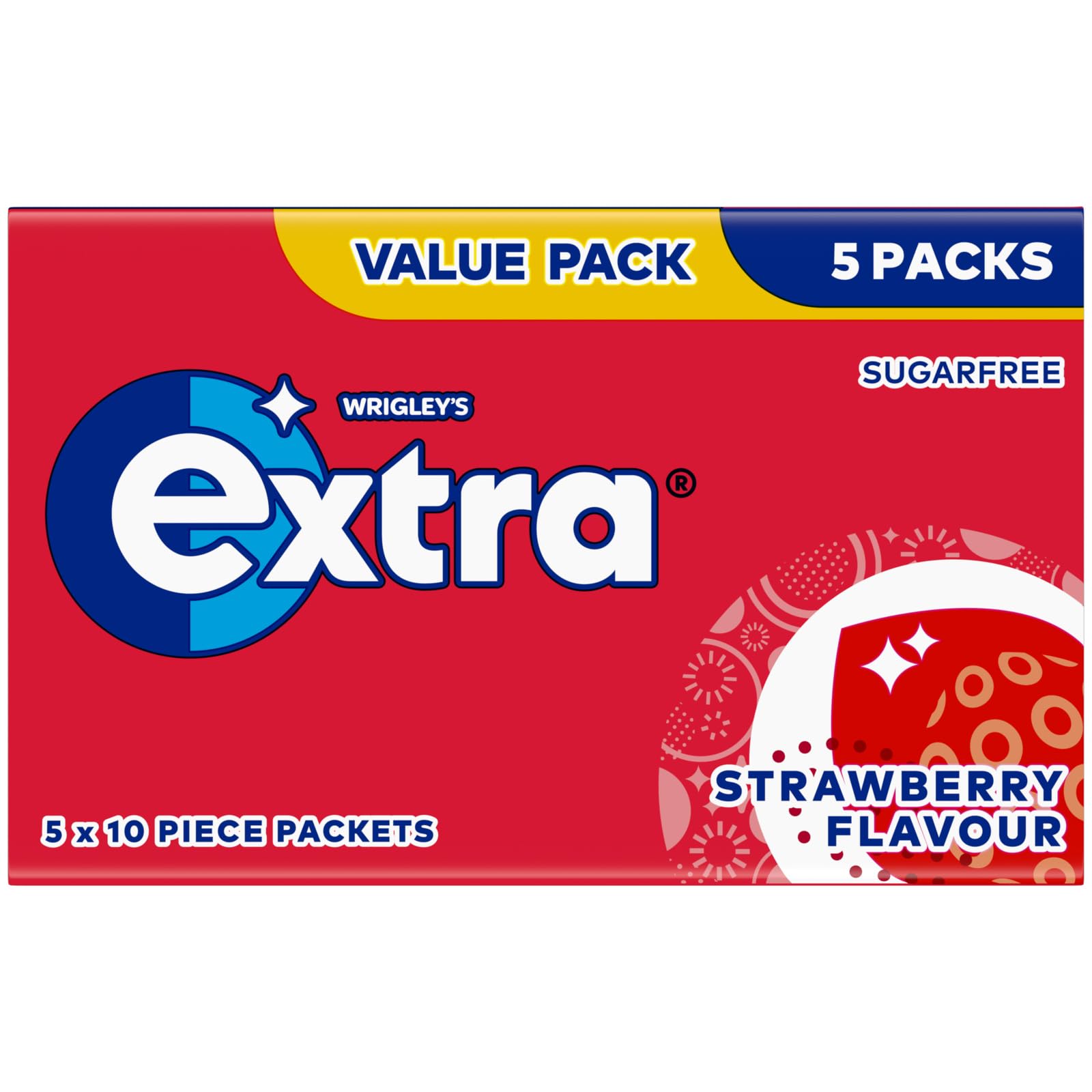 Wrigley's Extra Chewing Gum, Strawberry Flavour, 5 Packs of 10 Pieces, Sugar Free Chewing Gum Multipack with Xylitol (50 pieces)