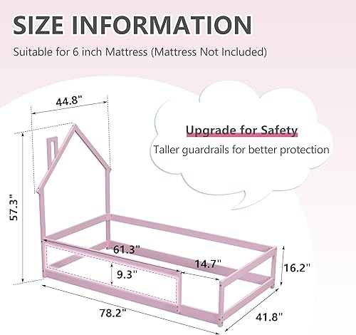 Miniatura 2 de Dolonm Base de cama de suelo de tamaño individual para niños, moderna cama con cabecera en forma de casa con vallas, cama Montessori de madera de