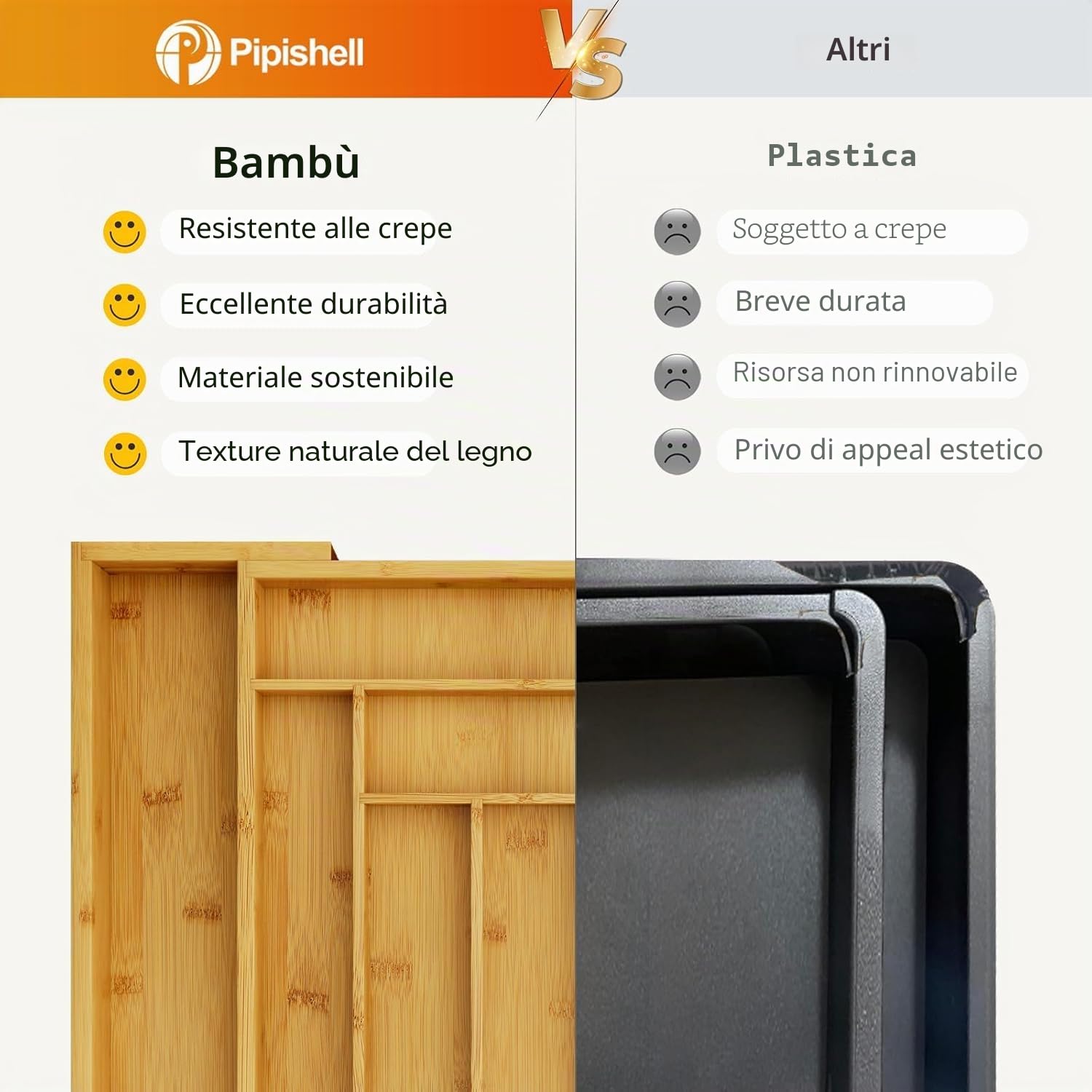 Pipishell - Organizer espandibile per utensili, in bambù, vassoio regolabile, organizer per posate e coltelli in cucina, adatto a cassetti in legno, camera da letto, soggiorno