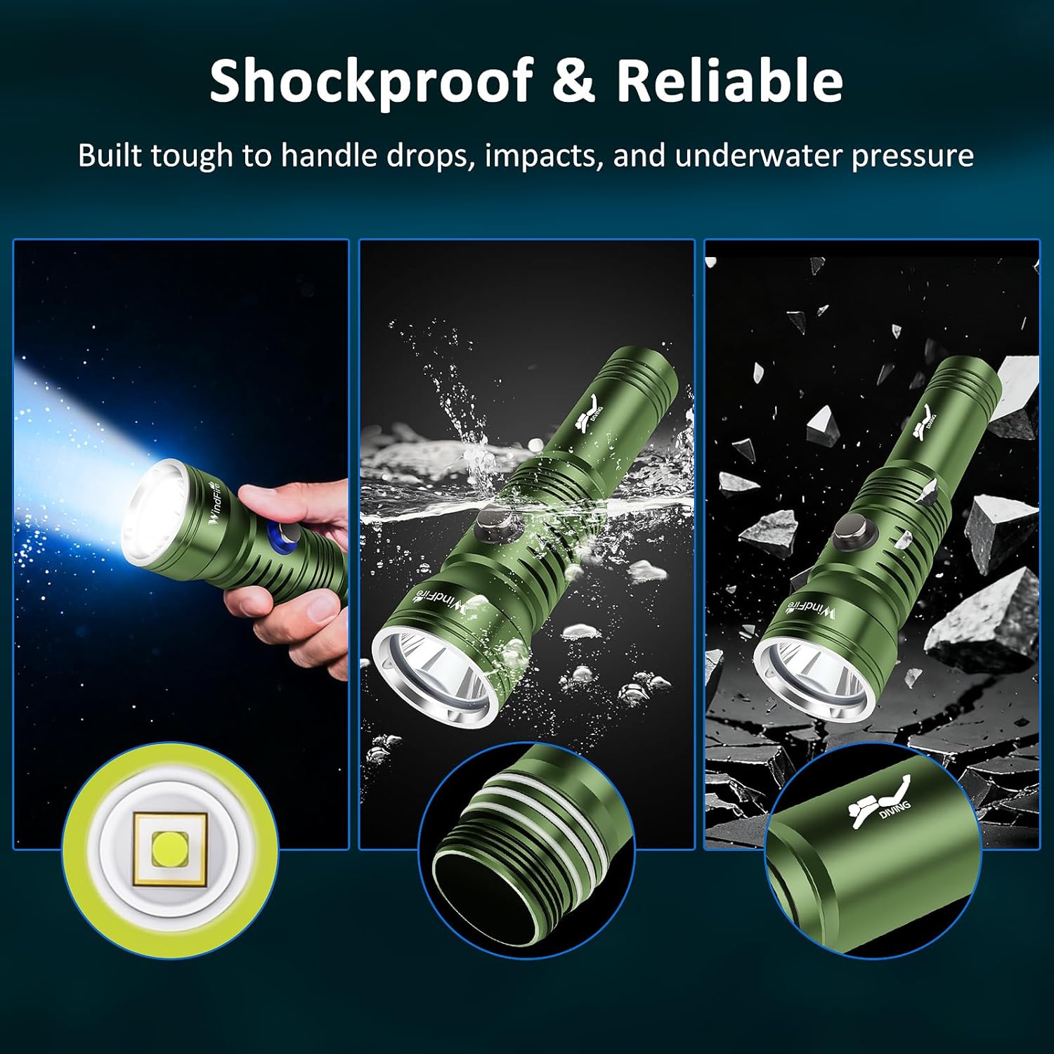 WINDFIRE Scuba Diving Light – Super Bright Diving Flashlight, IPX8 Waterproof 210 Feet Underwater Flashlight