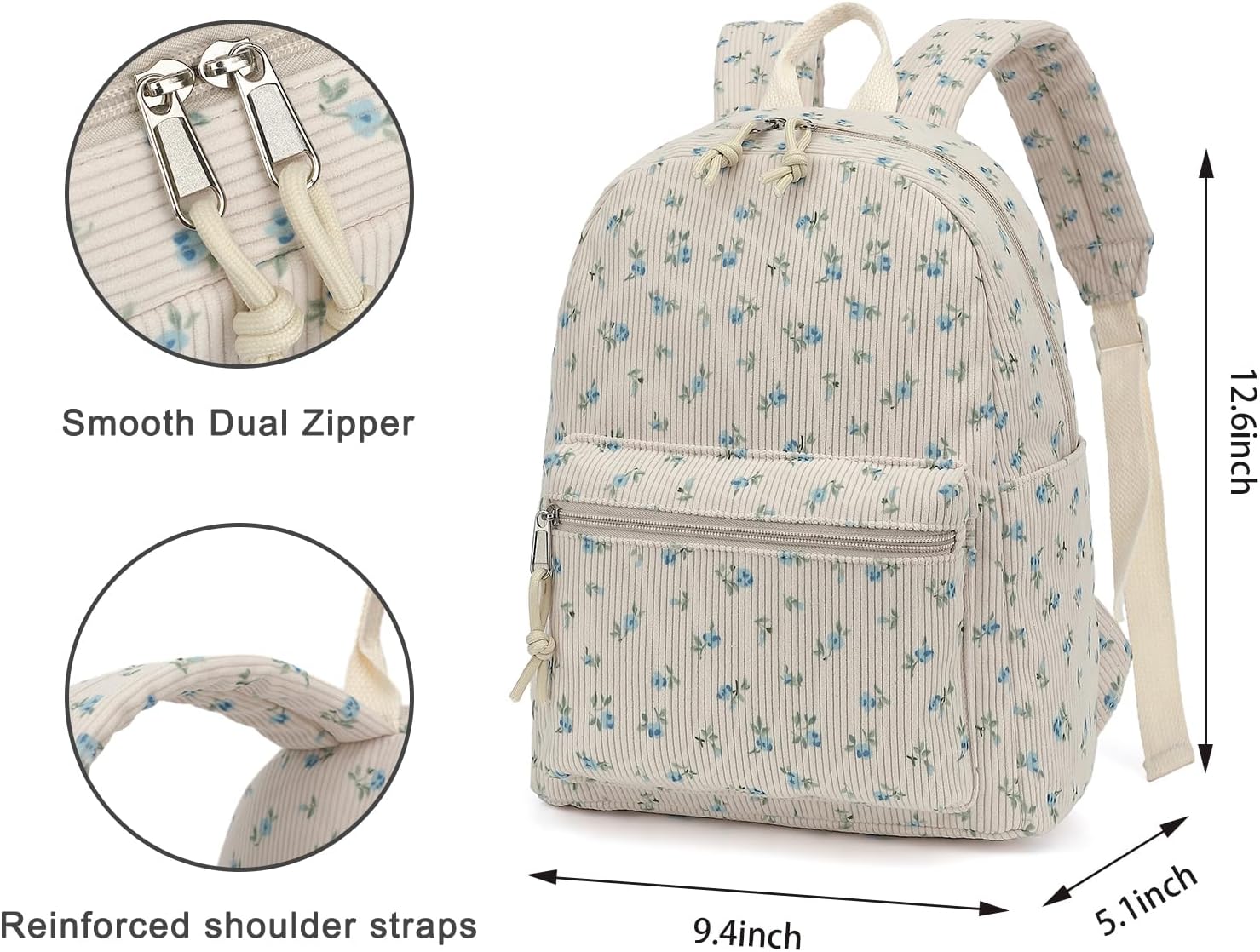 Corduroy Womens Mini Backpack Girls Small Backpack Purse Fashion Casual Daypack School Bookbag (Flowers Blue) - Image 5