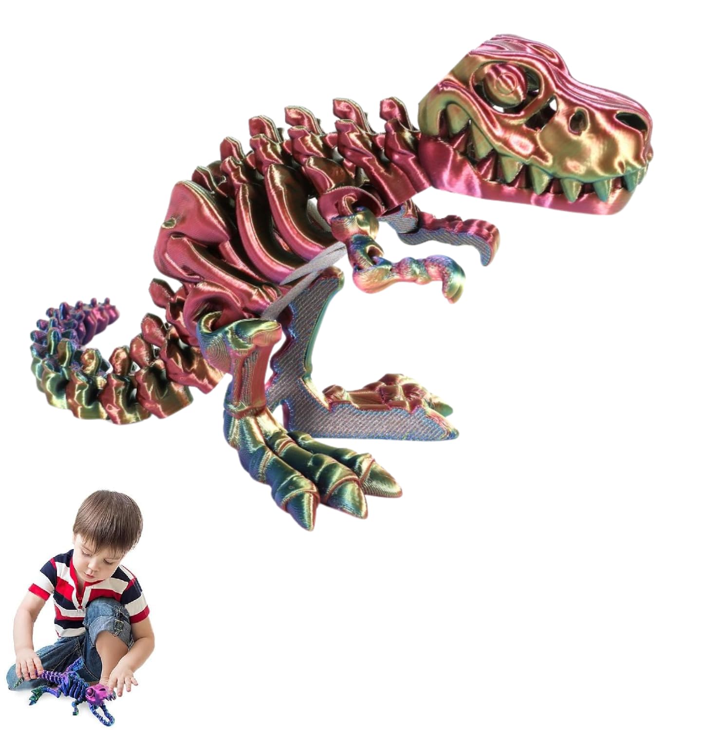3D Printed Dinosaur Bones - Articulated T-Rex Skeleton Fidget Toy for Home Office Decor, Poseable T-Rex with Flexible Joints for Stress Relief and Anxiety (Dazzling Colors)