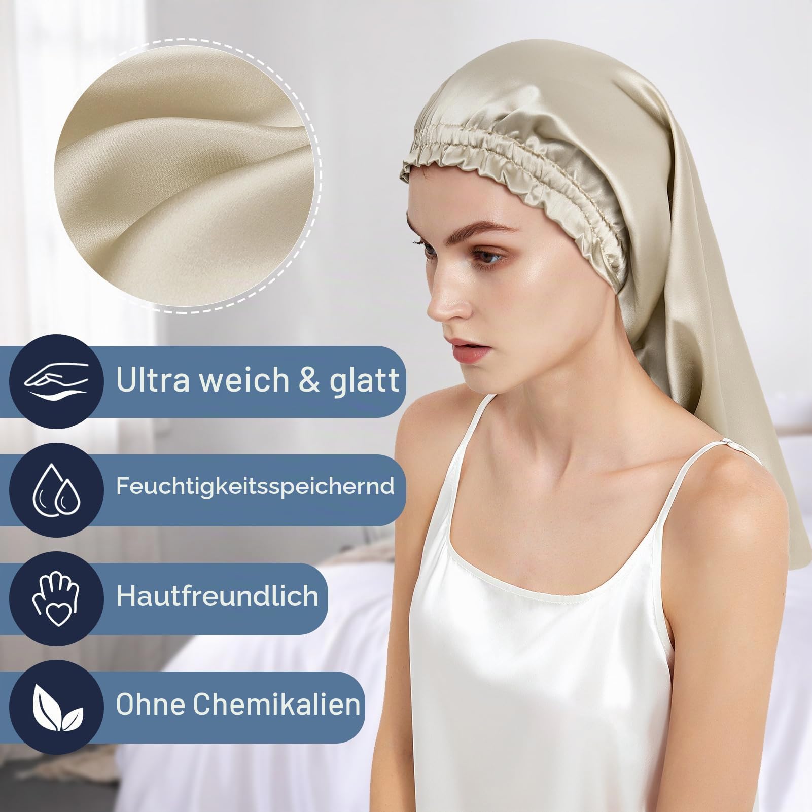 Mommesilk Maulbeerseide Haarhaube Schlafmütze Schlafhaube 100% Seide 22 Momme Lange Seidenmütze Kappe für lockiges Haar Seidenhaube für Frauen mit Langen Haaren