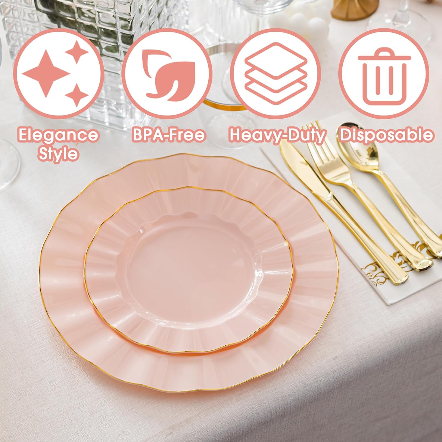 175PCS Gold and Pink Plastic Dinnerware Set, Plastic Party Plates for 25 Guests, 50 Disposable Plates, 25 Heavy Duty Silverware, 25 Cups, 25 Napkins for Party and Wedding