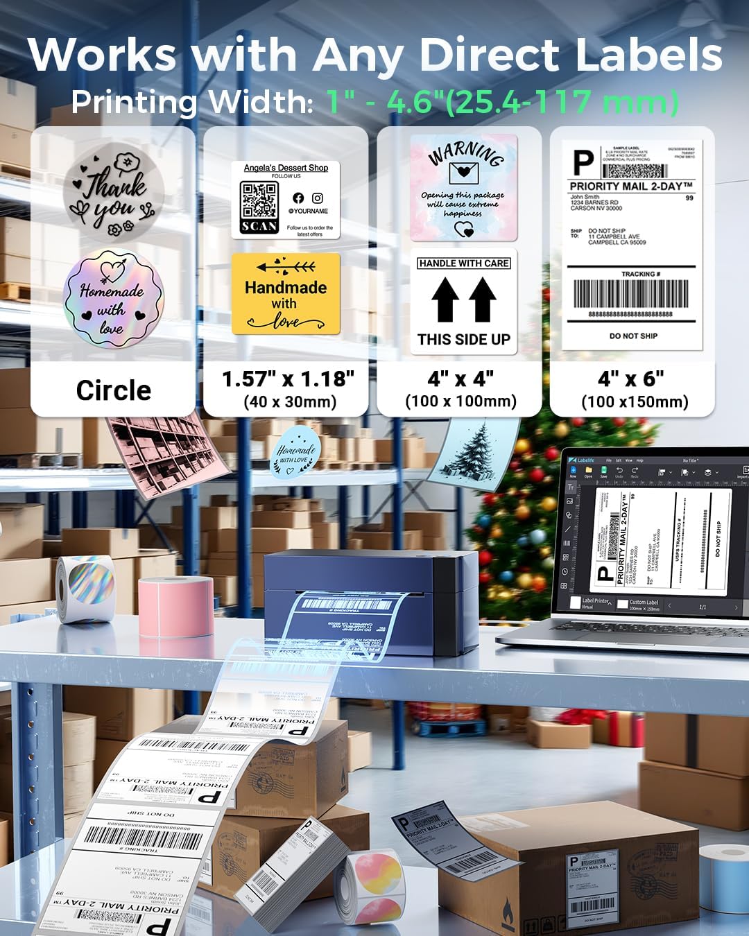 Memoking printer printing various types of direct thermal labels, including shipping labels, thank you labels, and circular labels.