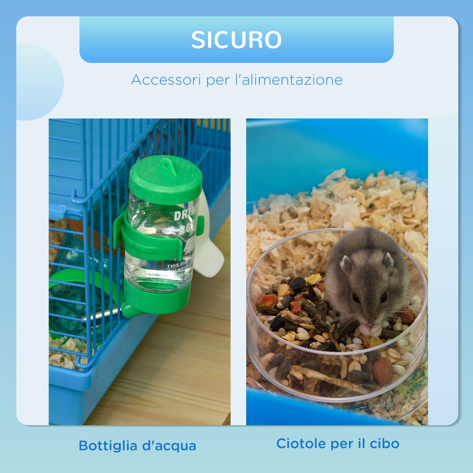 PawHut Gabbia per Criceti e Roditori a 5 Piani, Gabbietta per Criceti con Tubi Colorati, Ruota, Casetta e Accessori Inclusi, 47x30x59 cm, Blu