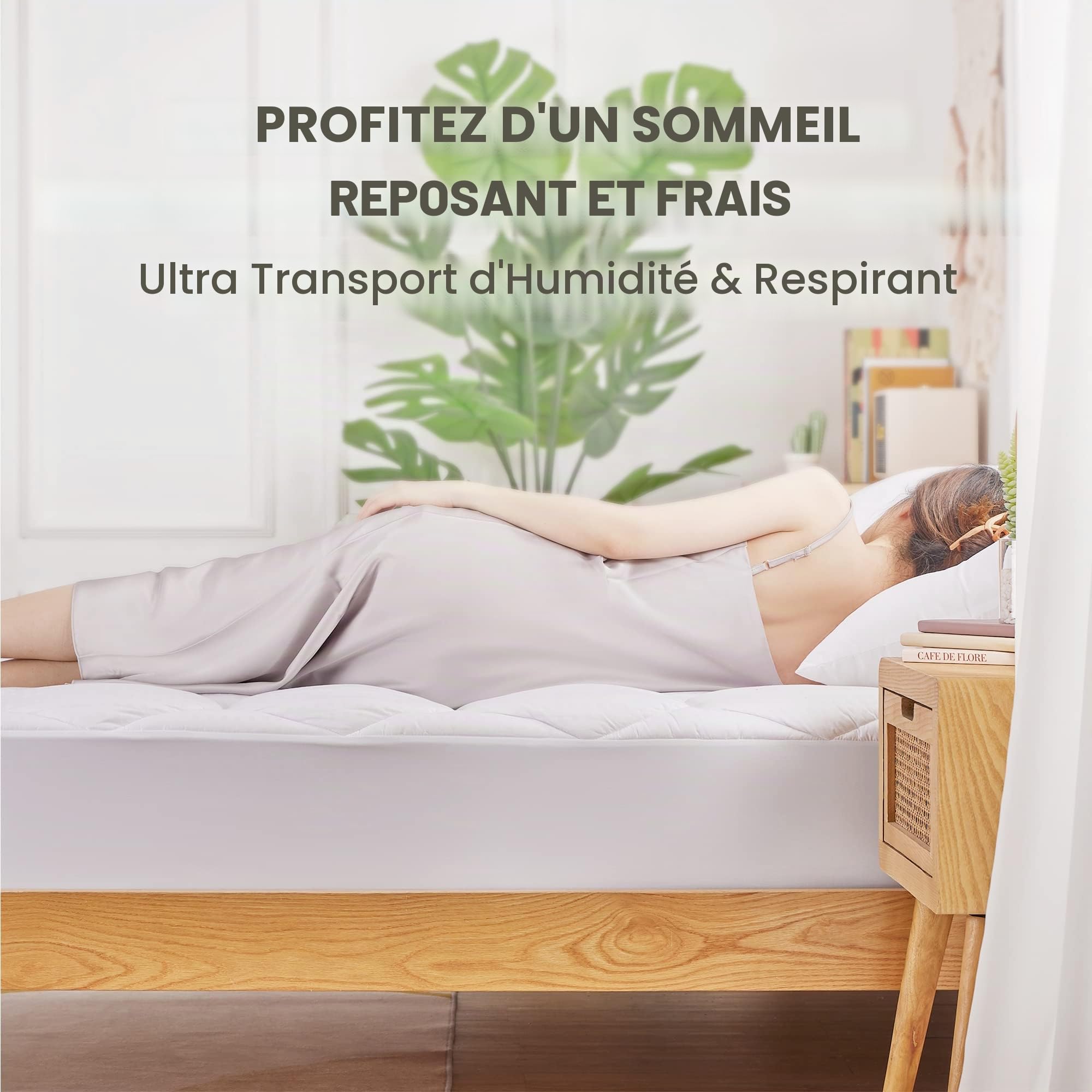 Sonive Surmatelas 160 x 200 cm en coton respirant, poche de 38 cm de profondeur, lavable, blanc