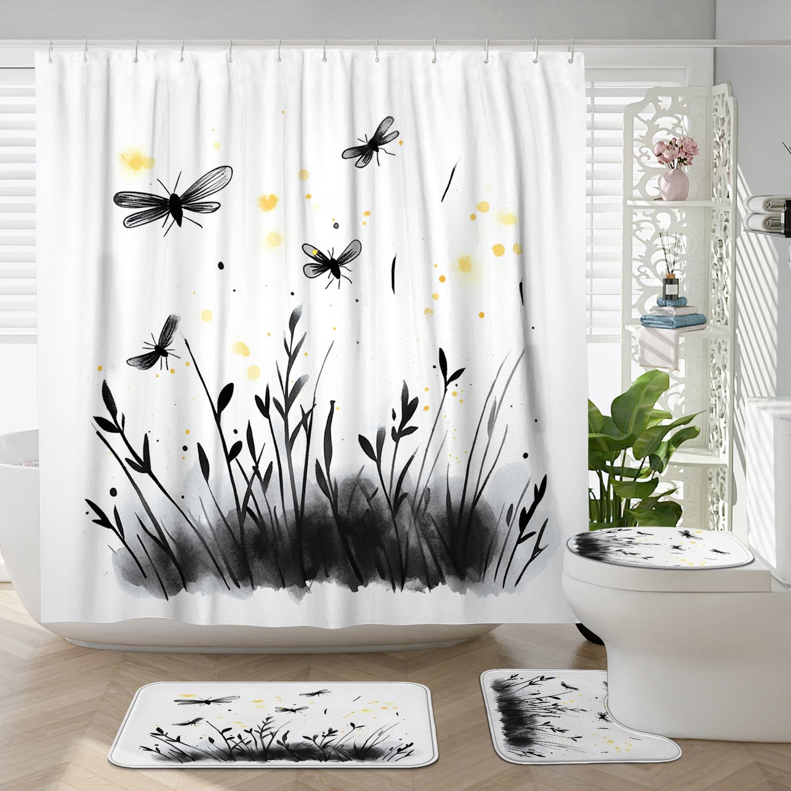 4PCS Kids Watercolor Firefly Bathroom Sets, Bath Accessory with Non-Slip Rug, U Shape and Toilet Lid Cover Mat, Funny Cute Insect Bathroom Decor-72''x72''