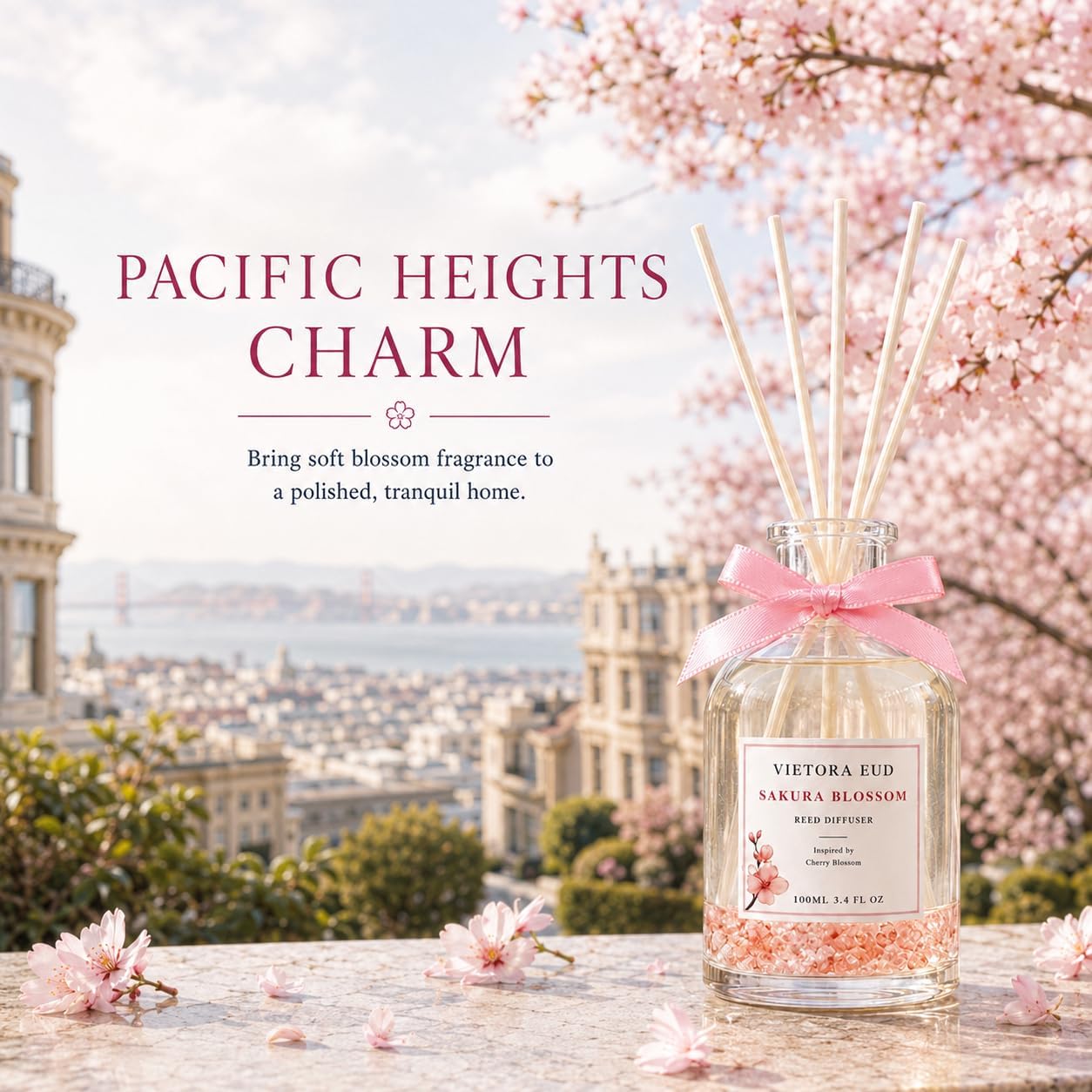 Cherry Blossom Essential Oil Reed Diffuser for Home&Office, Luxury Hotel Collection Diffuser Oil Inspired by Ritz Carlton, Bathroom,Bedroom&Living Room Shelf Decor,Non-Toxic & Gift Ready