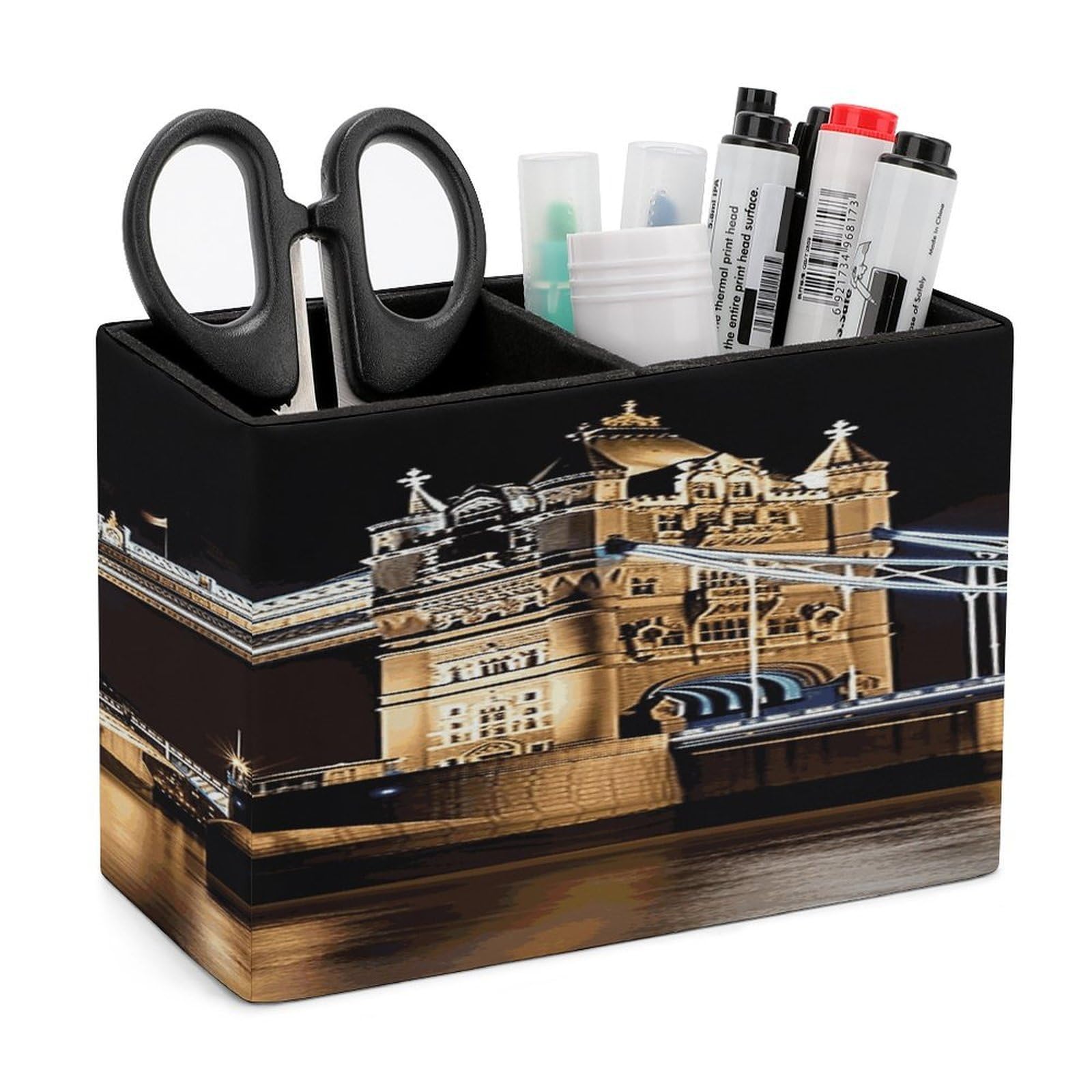 LDGSUPH Night London Tower Bridge Leather Pen Holder for Desk Organizer Caddy Large Pencil Cup Multi-function Pencil Holder Makeup Brush Holders Pen Organizer for Home Office Storage Box
