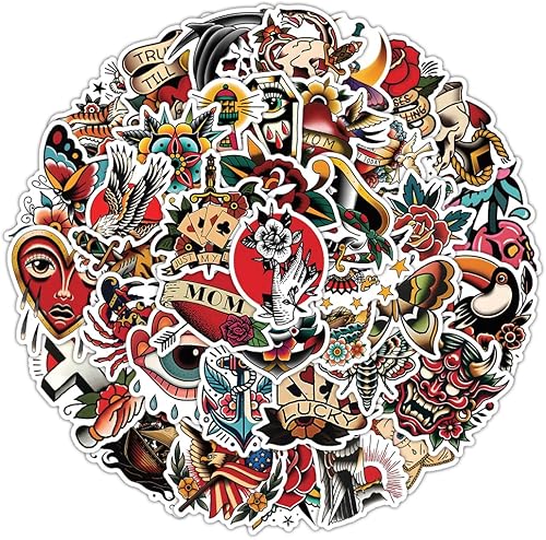 Paquete de 57 calcomanías de tatuaje de graffiti vintage para adultos, hombres y adolescentes, calcomanías de vinilo impermeables de calavera de