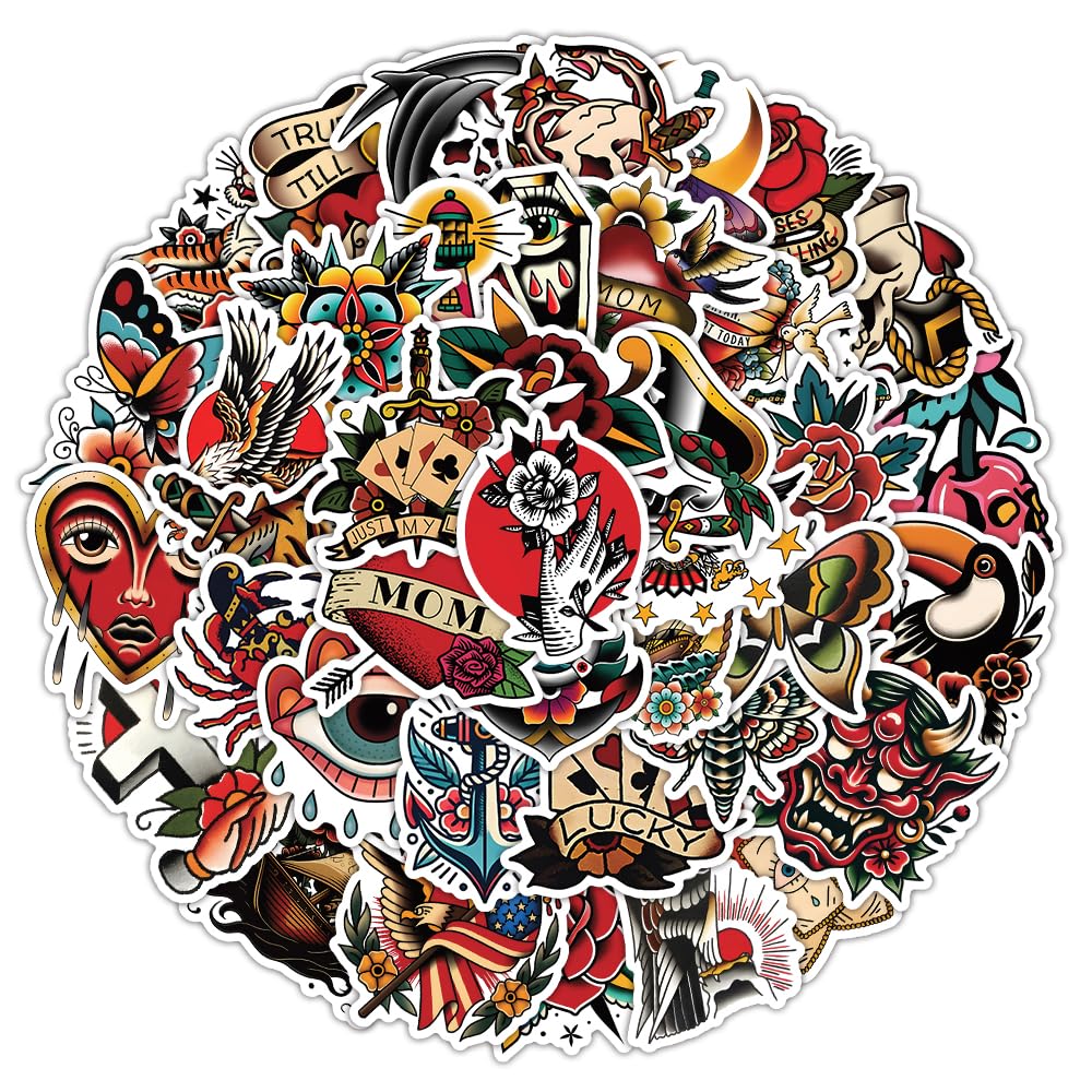 57PCS Vintage Graffiti Tattoo Stickers Packs for Adults Teens, Retro Horror Skull Waterproof Vinyl Sticker for Water Bottles Laptops Cars Skateboards Mens Cave Decorations