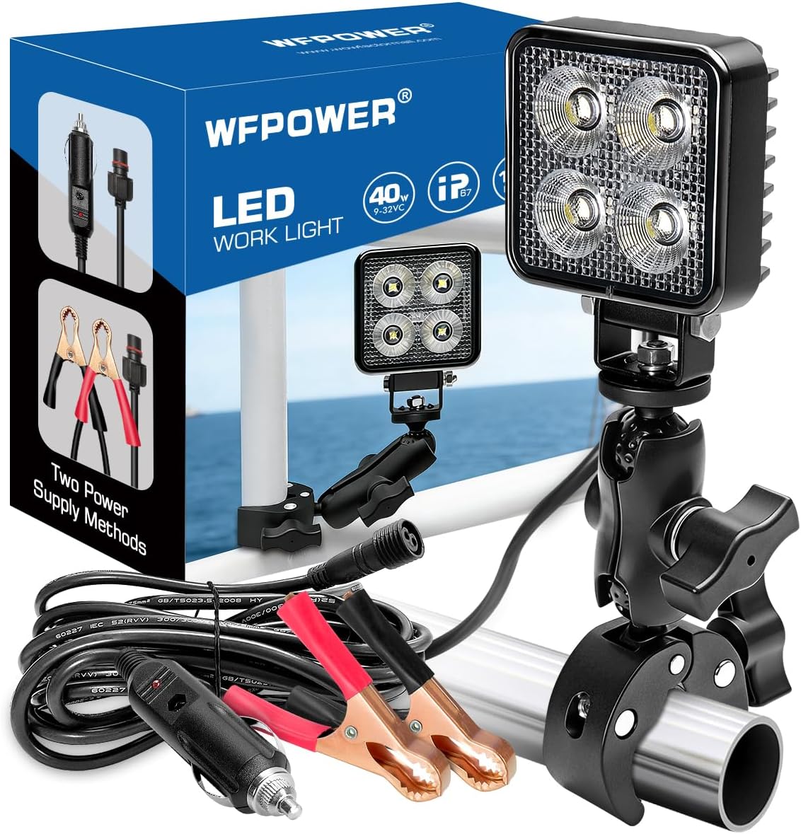 360°Rotation LED Boat Spotlight with Clamp, Portable 3 Inch Dual Power LED Work Light Bar 12V Marine Spot Lights for Boats Fishing, Clamps/Cigarette Lighter Power Headlights for Kayaking Camp Truck RV