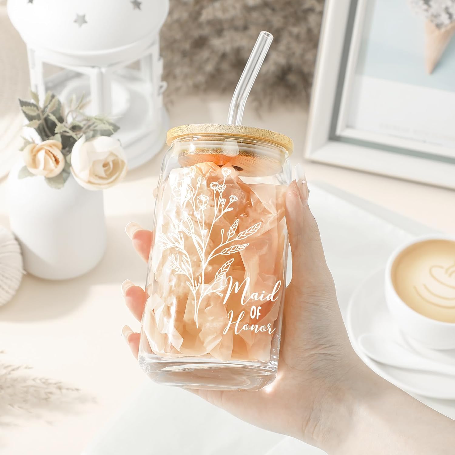 Layhit 3 Pcs Bridesmaid Gifts Bridesmaid Proposal Gifts 16 Oz Cute Can Shaped Drinking Glasses with Bamboo Lids and Glass Straw Iced Coffee Cup Mason Jar Cups for Engagement Wedding Bridal - Image 5